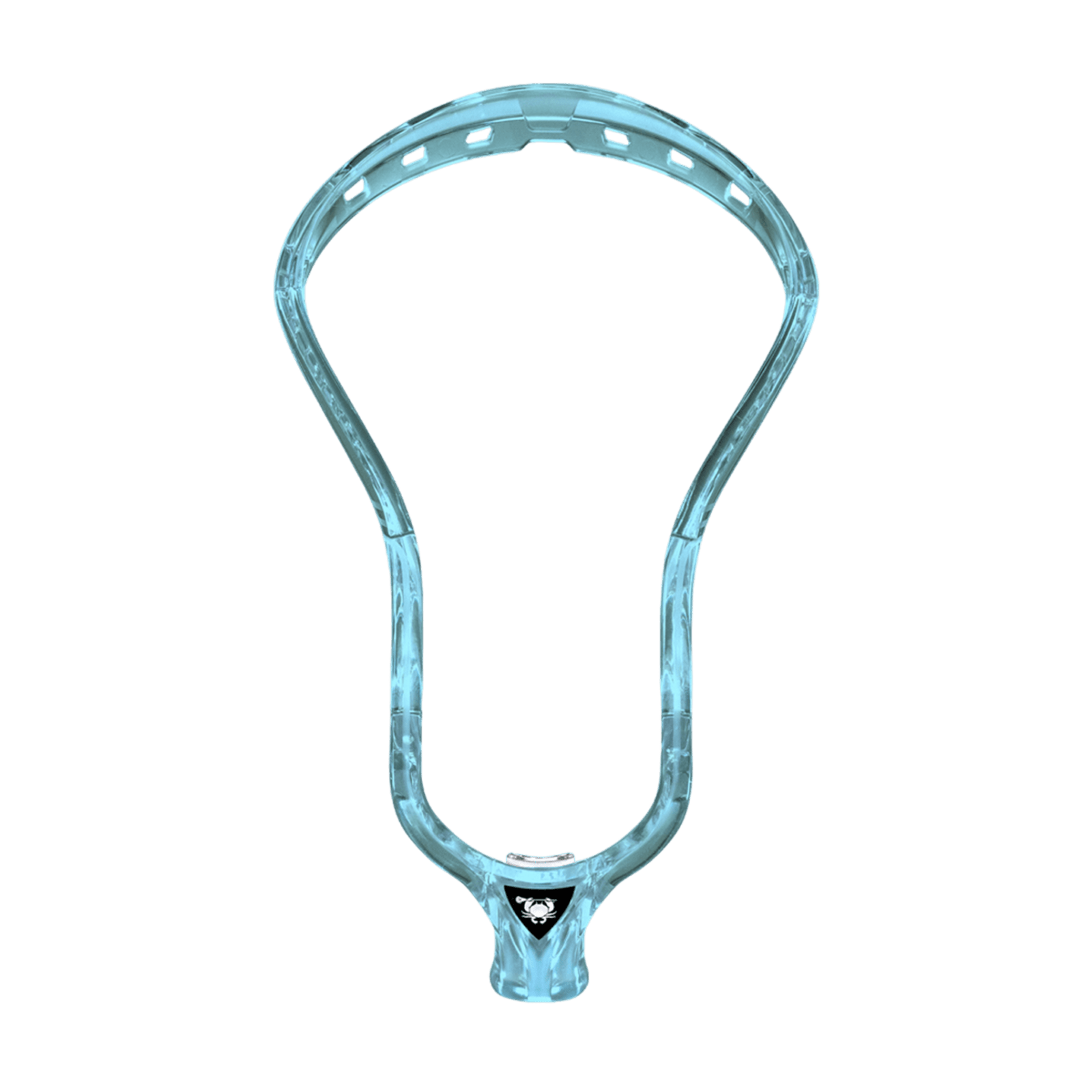 The ECD Ion Lacrosse Head, made by East Coast Dyes, is a transparent blue lacrosse head crafted from Diamond Plastic, featuring a triangular logo at the throat against a solid green background.