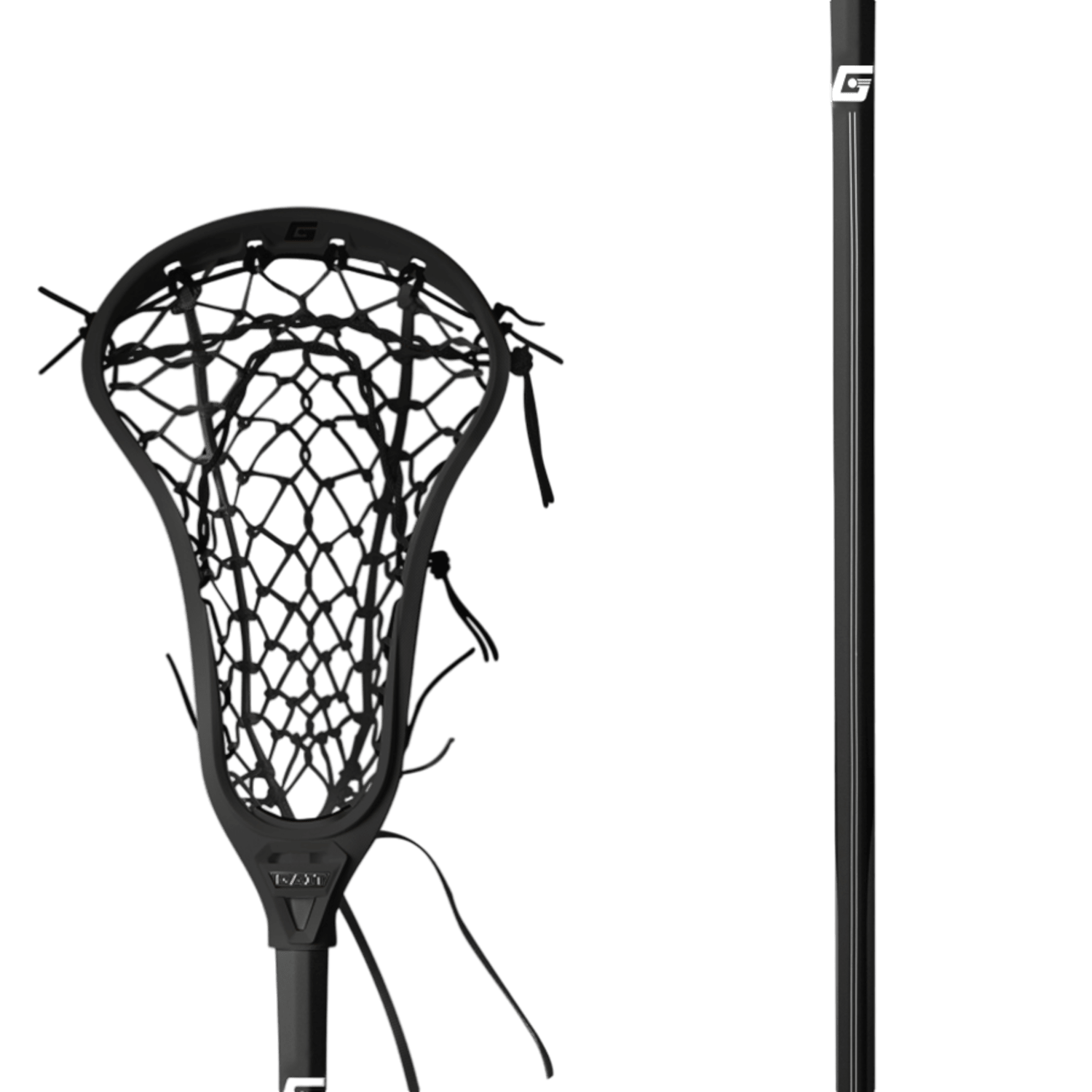Presenting the Gait Air 2 Flex Mesh Complete Stick by Gait: This lacrosse stick features a black head that incorporates a Flex Mesh pocket and an angled scoop, combined with a quick release design on the sleek black shaft. The minimalist design of this stick is elegantly showcased against a solid green background, highlighting its modern and stylish appearance.