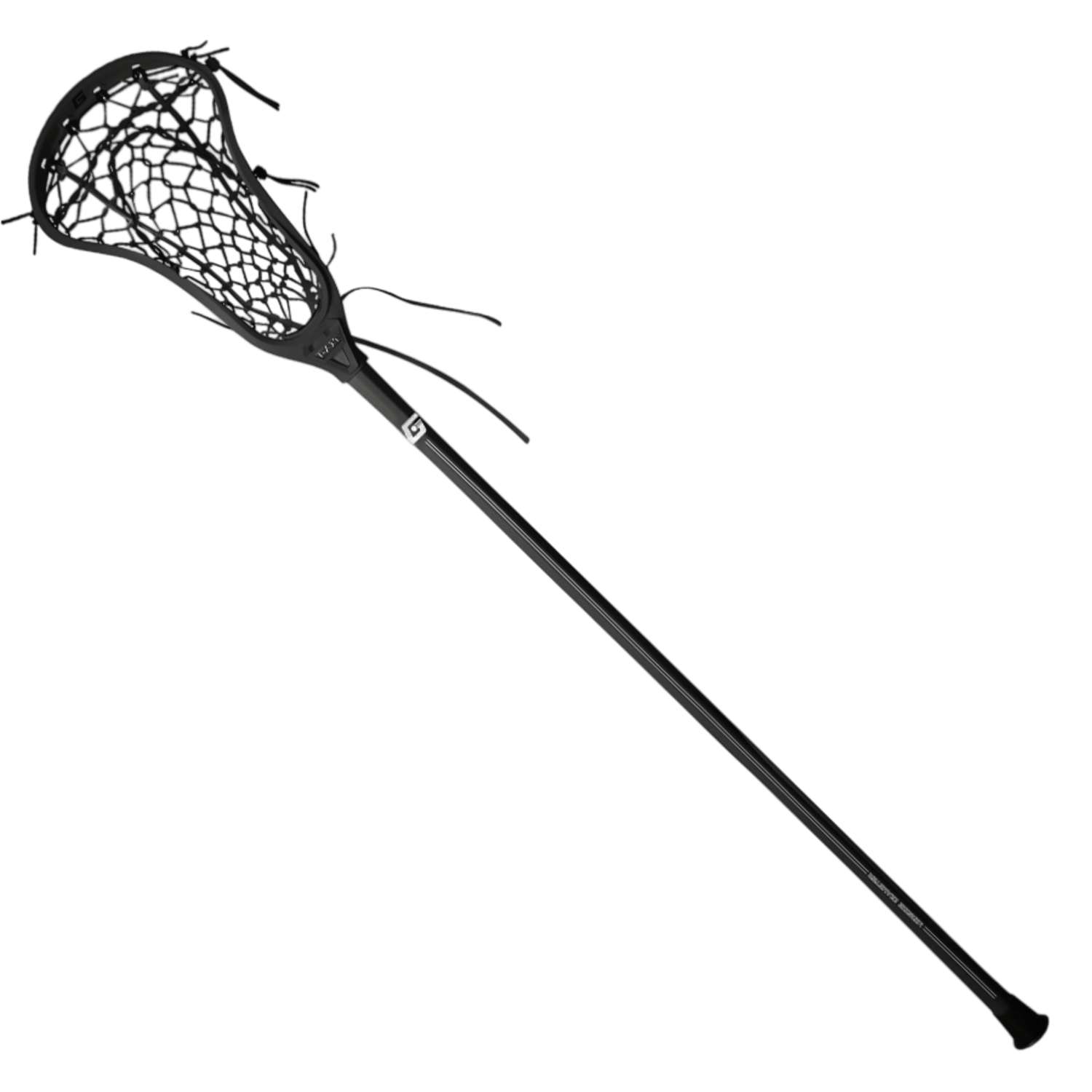 Introducing the Gait Air 2 Flex Mesh Complete Stick by Gait, featuring a black lacrosse stick with a netted head designed with an angled scoop and Flex Mesh pocket for quick release. The long, straight shaft enhances the traditional weave. Positioned diagonally against a plain white background, it showcases a sleek and modern design.