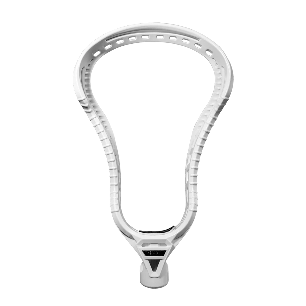 The GAIT D2 C Lacrosse Head by Gait is displayed against a plain background, showcasing its white textured grip, open frame, and string holes. It features Ball Dislodgment Technology for enhanced on-field performance.