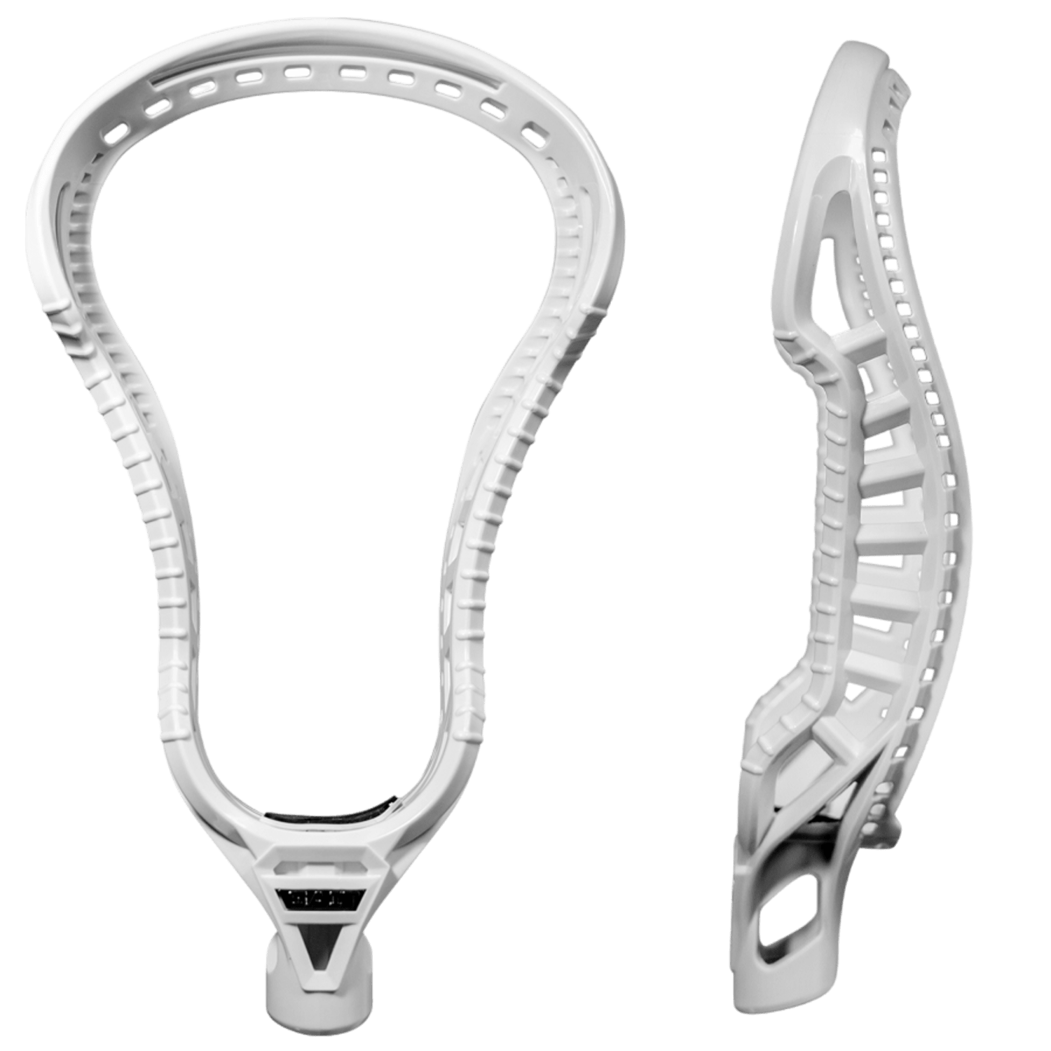 The GAIT D2 C Lacrosse Head by Gait is displayed against a plain background in two images: the left image showcases a front view, while the right image provides a side view, highlighting its Air Scoop design and strategically placed stringing holes that enhance Ball Dislodgment Technology.
