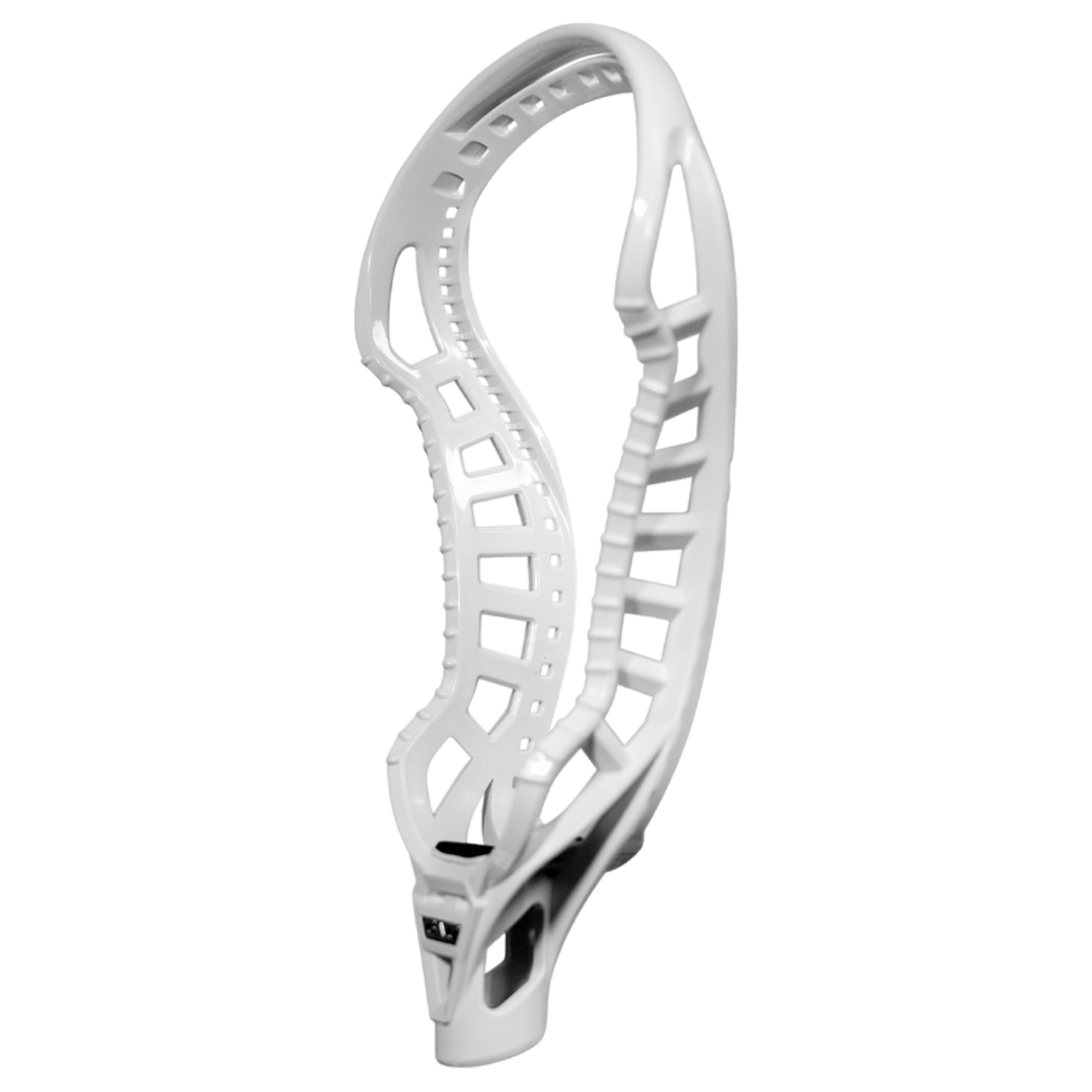 The GAIT D2 C Lacrosse Head by Gait features a stylish, open-sided design with multiple stringing holes and incorporates cutting-edge Ball Dislodgment Technology. Its white color is accentuated against a transparent background, highlighting the Air Scoop feature for improved performance.