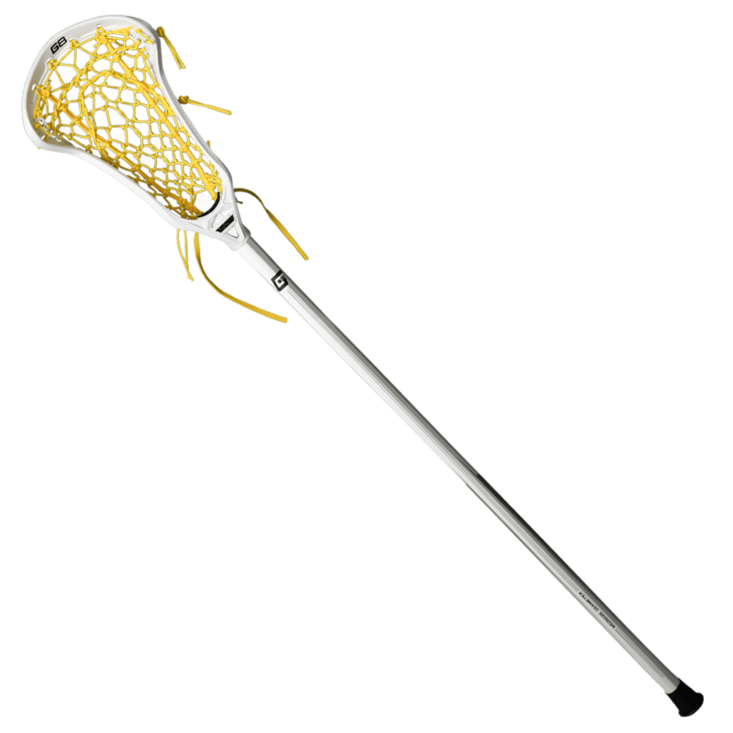 The Gait Whip 2 Flex Mesh Complete Stick, created by Gait, includes a silver shaft paired with a white head and a black rubber end cap. It boasts standout Flex Mesh in vibrant yellow, expertly woven and secured with matching strings to ensure optimal performance.