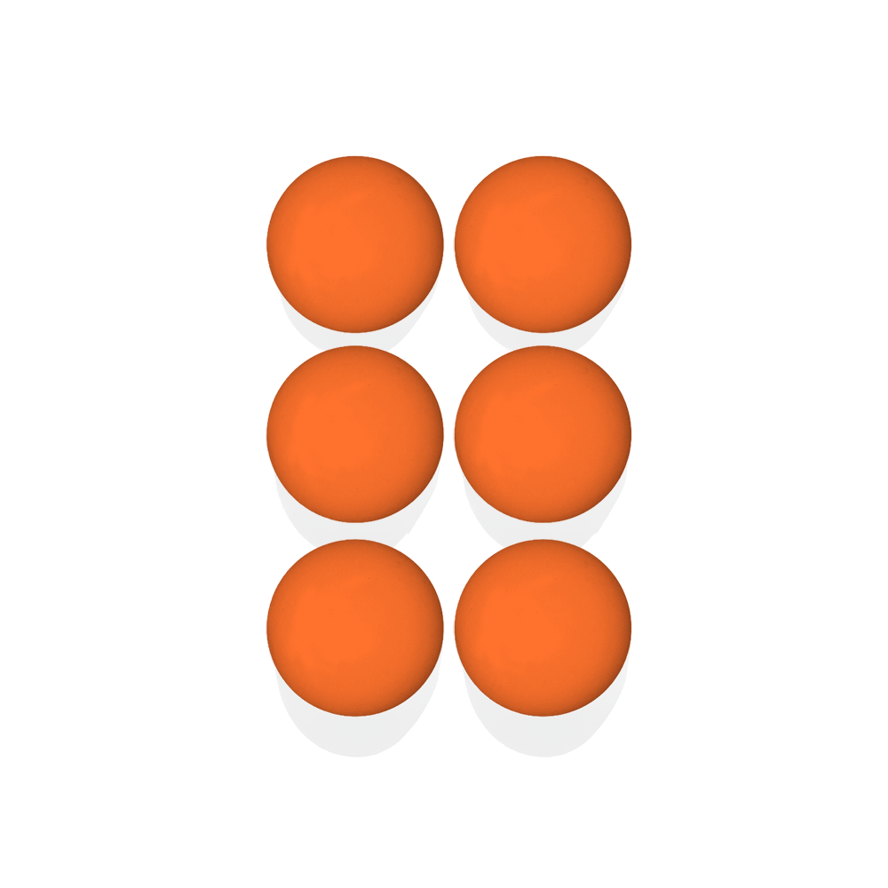 Six orange balls from the Lax.com Lacrosse Balls 6-Pack are reminiscent of perfectly round lacrosse practice balls and are arranged in two vertical columns on a white background.