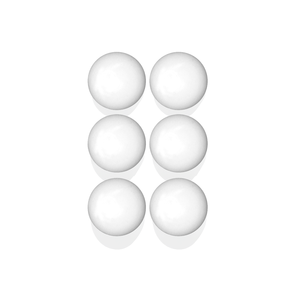 Six pristine lacrosse balls from the Lax.com Lacrosse Balls - 6-Pack are arranged in two vertical columns of three on a plain, reflective surface, echoing the organization of sleek white ping pong balls ready for practice.