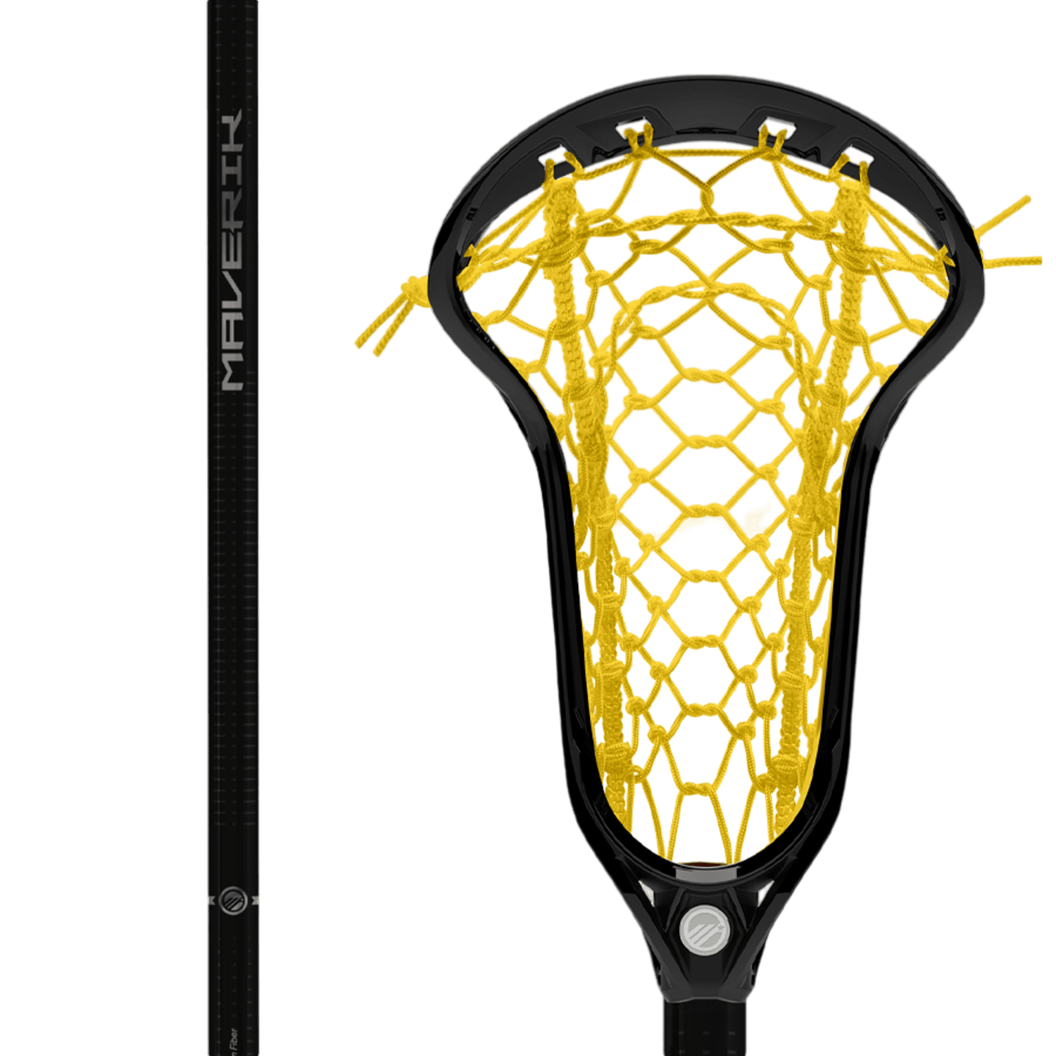 Close-up of a Maverik Ascent Pro Hex Complete Stick featuring a black head with yellow HEX POCKET netting, seamlessly paired with a sleek black carbon fiber shaft. The brand name "Maverik" is prominently visible on the shaft.