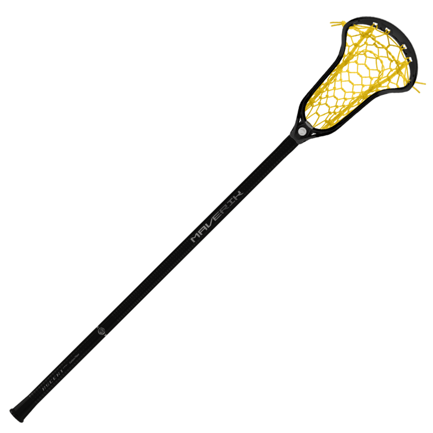 The Maverik Ascent Pro Hex Complete Stick, featuring a black carbon fiber shaft with the brand name "Maverik" and a yellow HEX POCKET net, is displayed isolated on a white background at a diagonal angle.