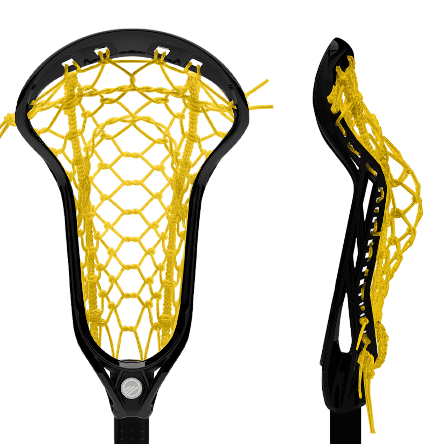 The Maverik 3003630EACH lacrosse stick head, highlighted with HEX POCKET yellow netting, is displayed from the front and side views. Its black structure starkly contrasts the vibrant mesh, exhibiting a detailed string design. Optimal balance is attained when combined with a carbon fiber shaft.