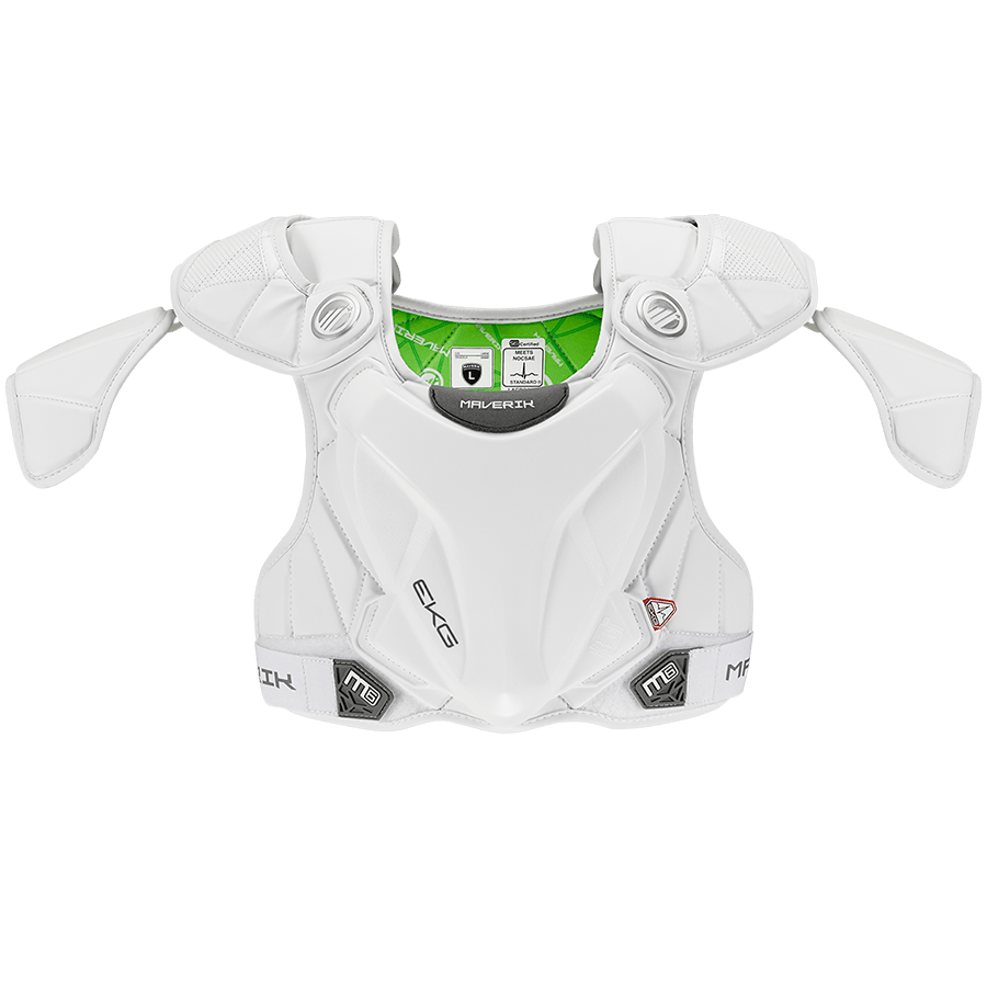 The Maverik M6 EKG Shoulder Pad by Maverik is a white hockey chest protector with shoulder pads, featuring a sleek design and black logos. It is enhanced with an External Kardiac Guard for commotio cordis protection, and the interior is lined with green padding for added comfort and protection.