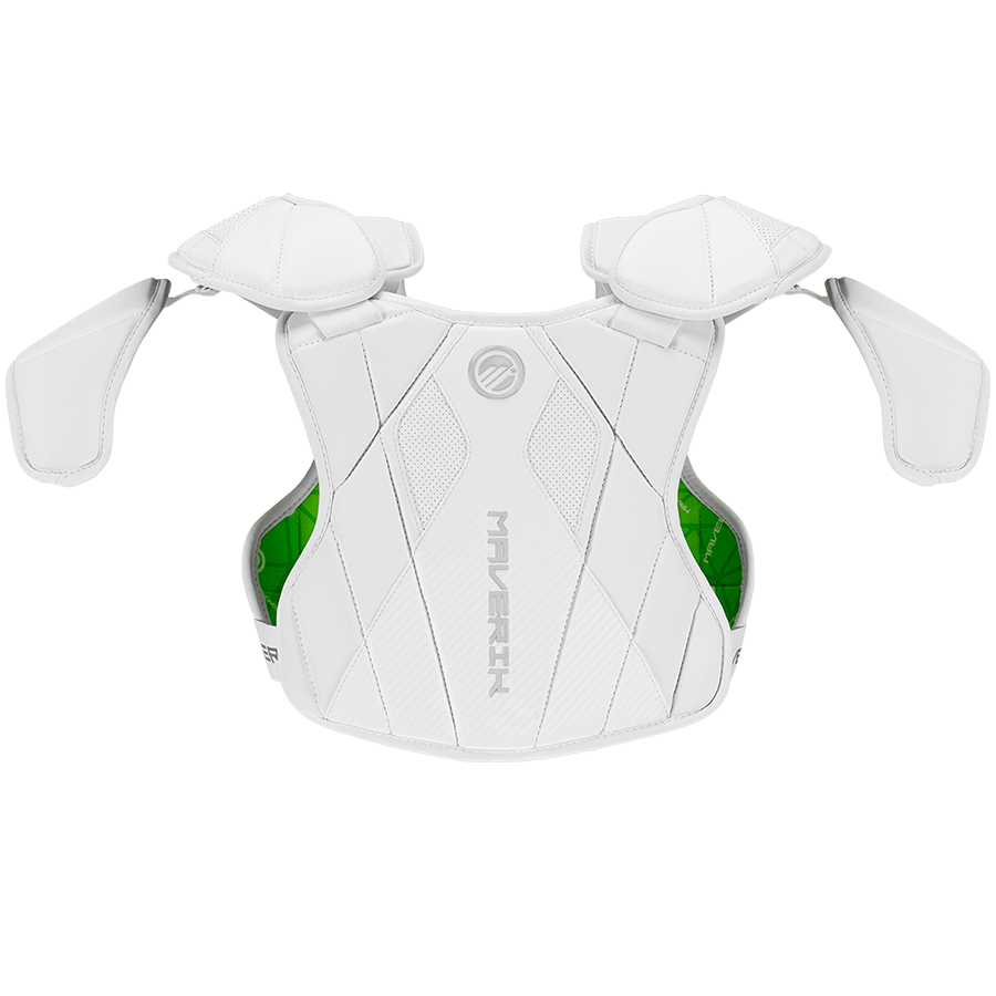 The Maverik M6 EKG Shoulder Pad, featuring a white exterior and green interior design, is created for upper body protection, with reinforced shoulders, chest, and back areas. The Maverik logo is prominently displayed on the front and incorporates innovative external Kardiac Guard technology for commotio cordis protection.