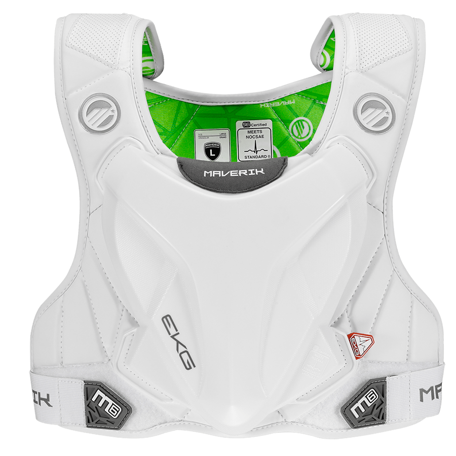 The Maverik M6 EKG Speed Pad is a lacrosse chest protector designed with a white exterior, green interior, and silver accents. It prominently displays the "Maverik" label on the chest and includes a sturdy contoured front panel for impact protection along with advanced commotio cordis protection.