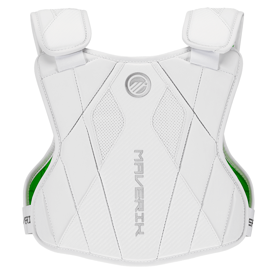 The Maverik M6 EKG Speed Pad, designed by Maverik, is a white lacrosse chest pad that showcases angular patterns with the "Maverik" logo prominently displayed on the front. It features commotio cordis protection, perforated sections for enhanced breathability, and adjustable straps at both the shoulders and sides for a customizable fit.