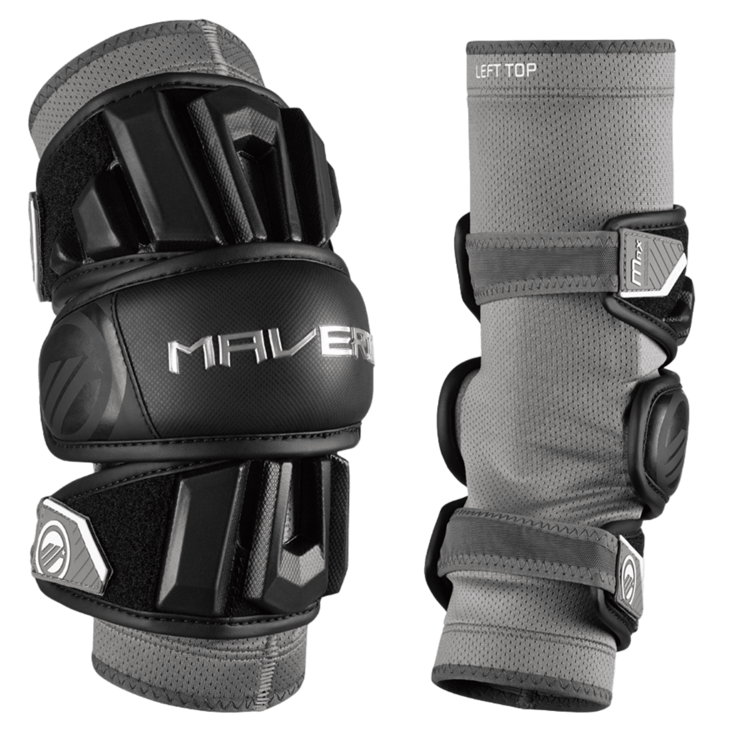 Introducing the Maverik Max 2025 Arm Pads in gray and black, featuring strong straps and cushioning for superior protection and mobility. These sporty pads prominently display the "Maverik" brand, offering reassurance of safety during physical activities. An interior tag conveniently marks "Left" and "Top.