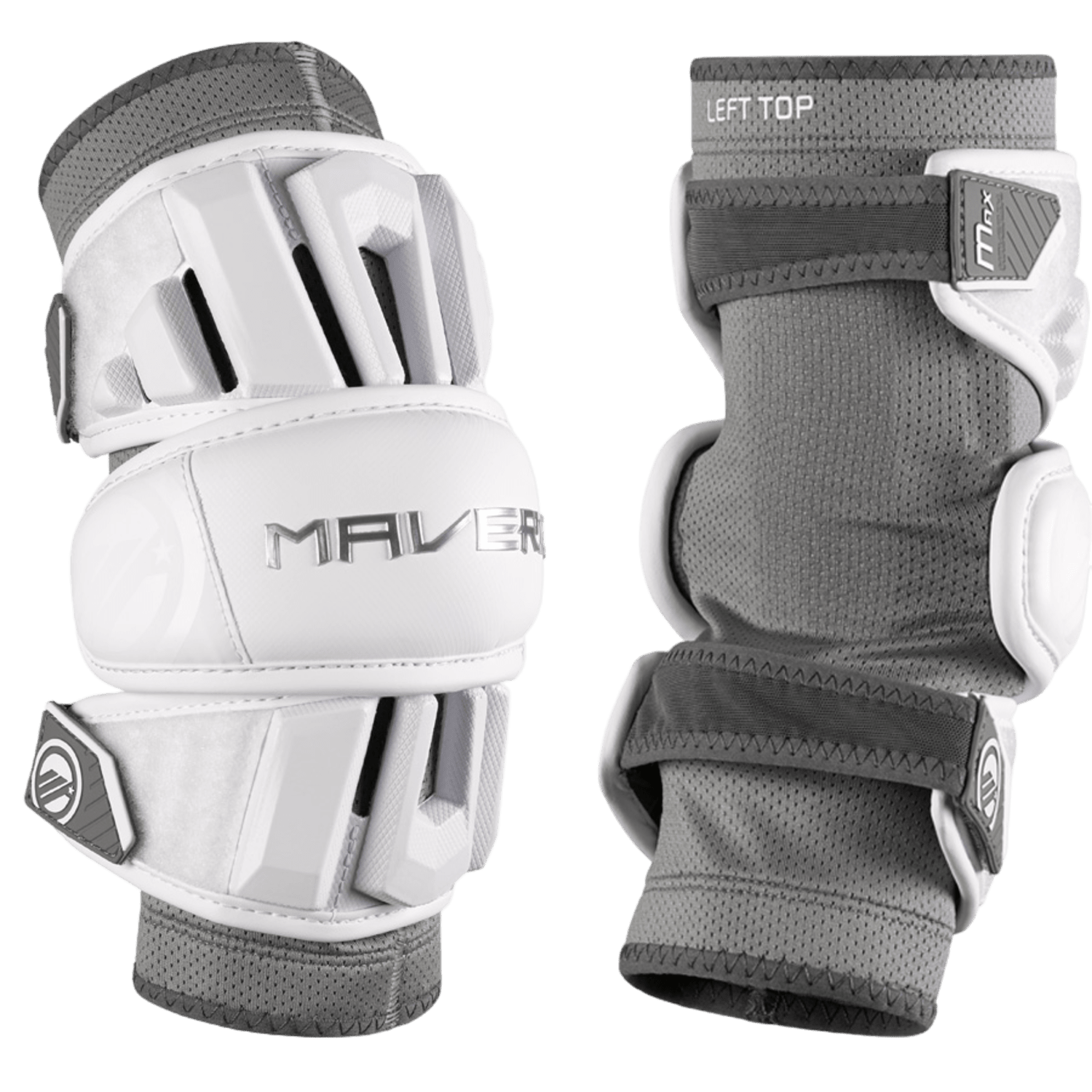 Two protective athletic arm pads are displayed. The left pad is white with the "Maverik" branding and a protective shell for enhanced protection, while the right pad is gray with adjustable straps labeled "LEFT TOP." Both feature a breathable mesh design to ensure maximum mobility. These are known as the Maverik Max 2025 Arm Pads.