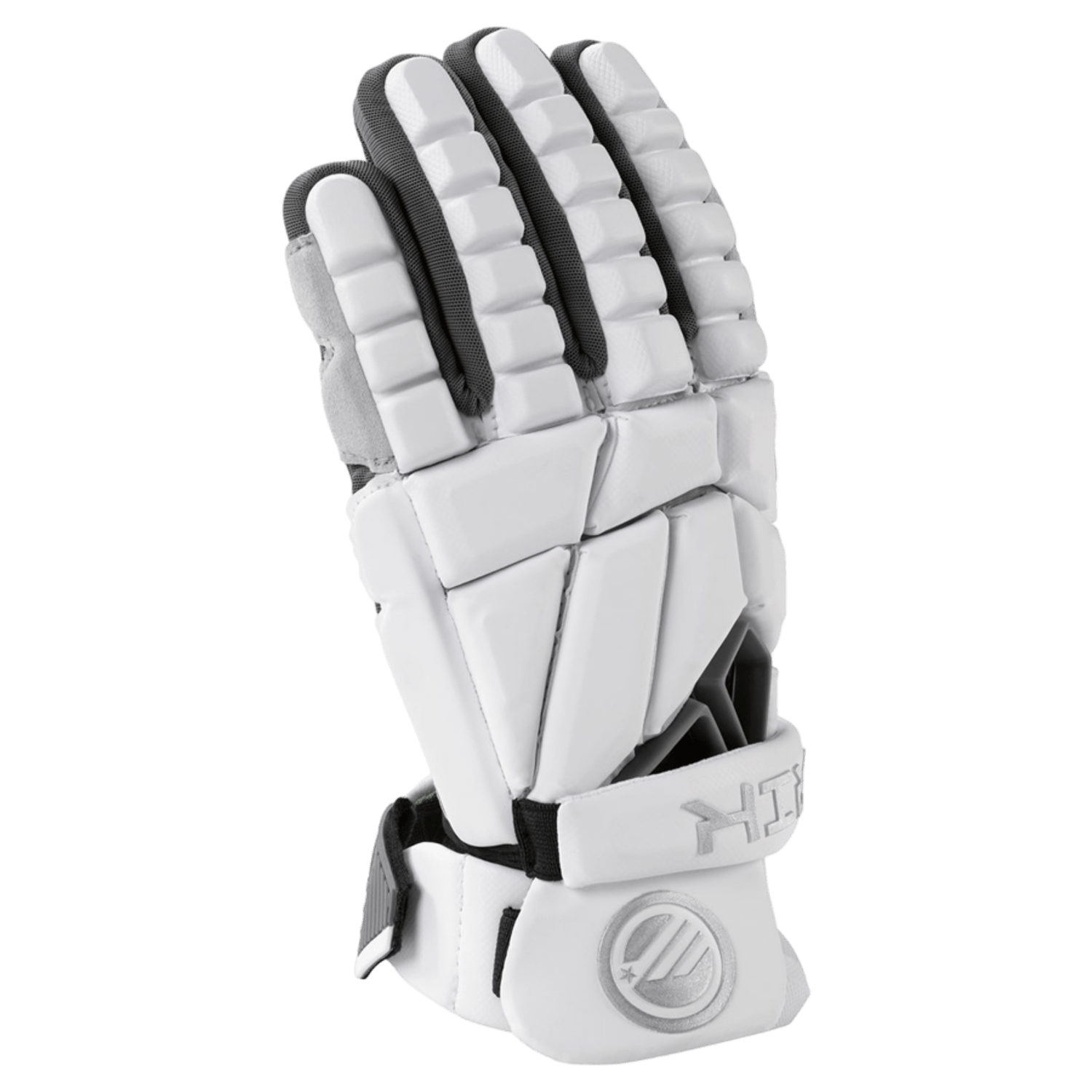 Close-up of a white Maverik Max 2025 Lacrosse Glove with protective padding and black lining on the inside. This glove from Maverik features synthetic suede palms for enhanced grip and Quickdry technology to keep your hands cool, along with a strap showcasing a logo near the wrist for secure fastening.