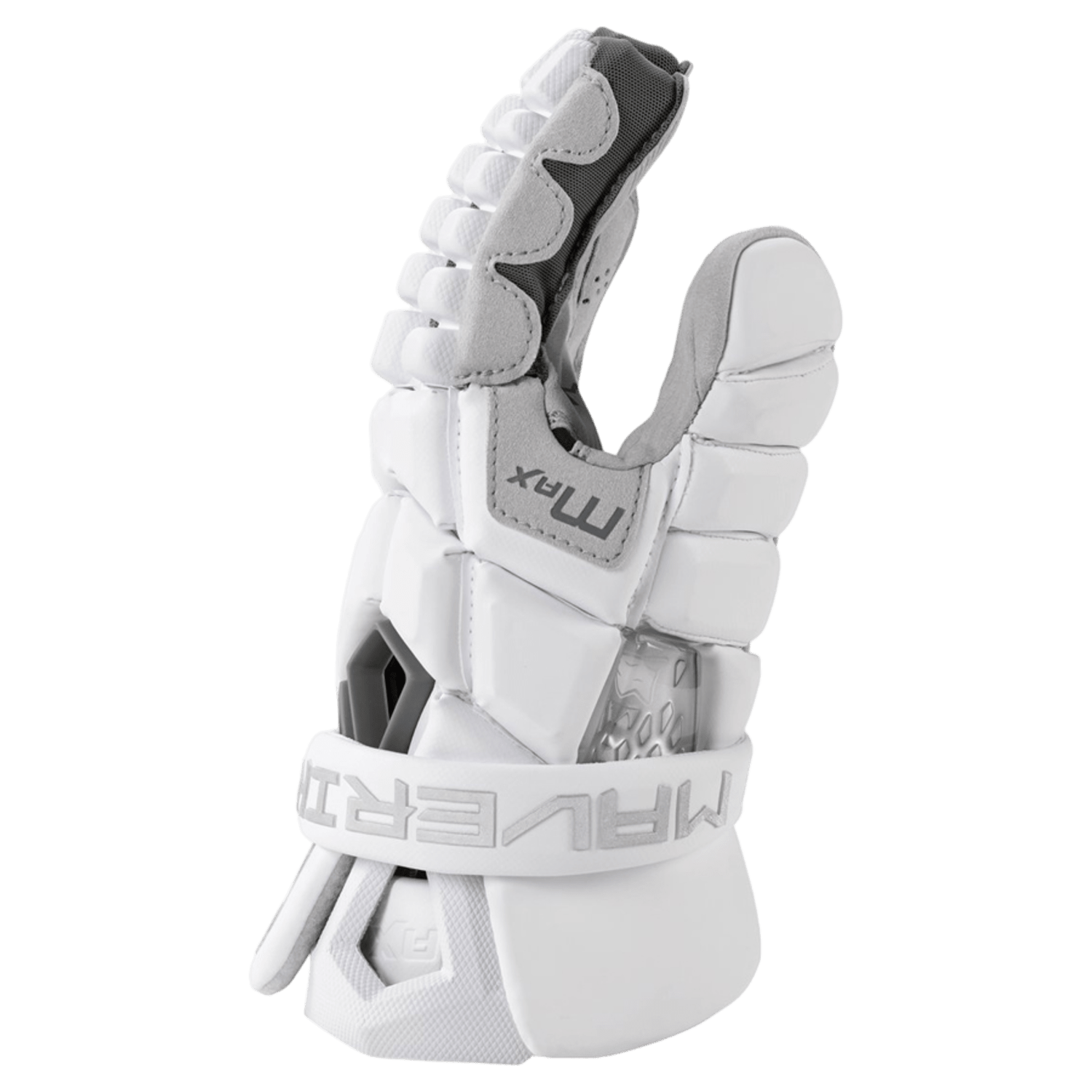 The Maverik Max 2025 Lacrosse Gloves, from the brand Maverik, are primarily white with gray and black accents. They feature synthetic suede palms for optimal performance, protective padding, Quickdry technology, a wrist strap labeled "MAVERIK," and articulated fingers. The sleek design enhances grip and flexibility.