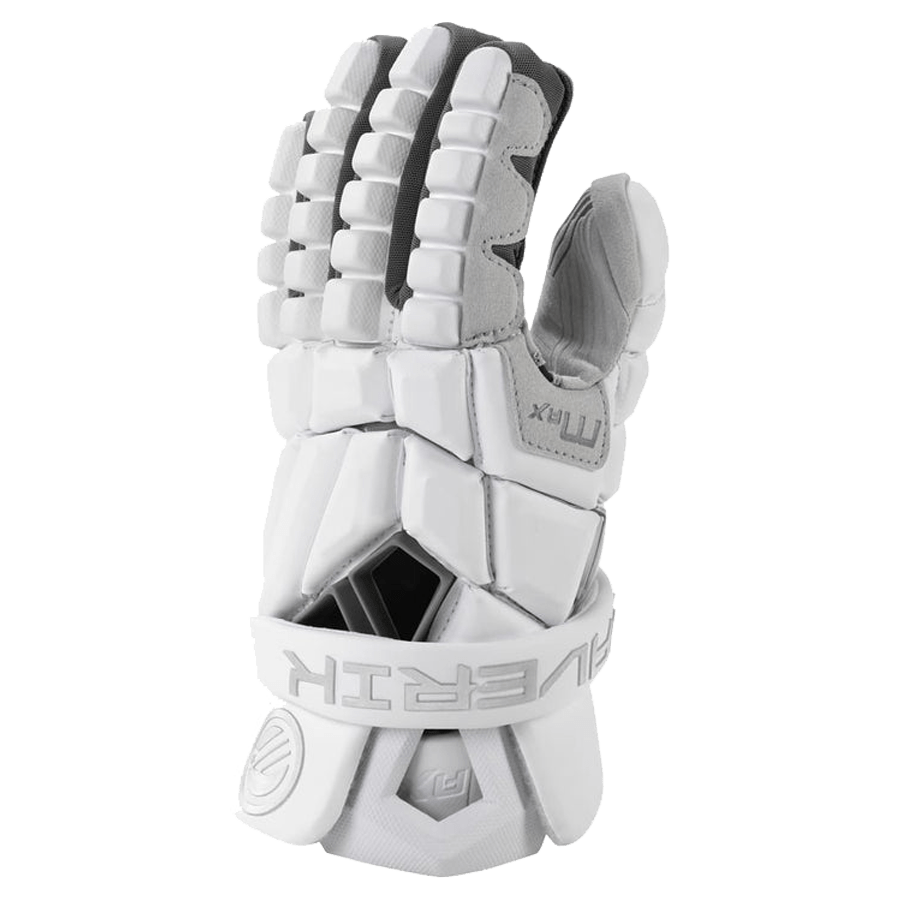 Introducing the Maverik Max 2025 Lacrosse Gloves by Maverik: These white protective sports gloves come with padded knuckles and wrist straps. They feature articulated sections for enhanced flexibility, synthetic suede palms for superior grip, and Quickdry technology to keep your hands comfortable. Perfect for activities requiring hand protection.