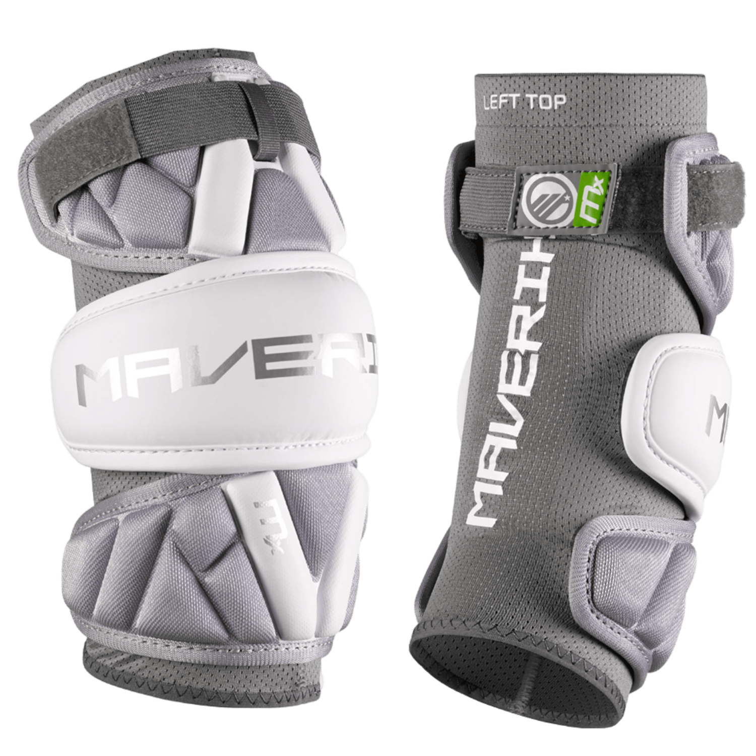 The Maverik MX 2025 Arm Pads, available in gray and white, feature padded protection for athletic activities. Designed under the reputable Maverik brand, these pads offer ultimate protection and mobility. They include a breathable mesh with straps for a secure fit and are marked with "LEFT TOP" on one guard to ensure comfort during intense activities.