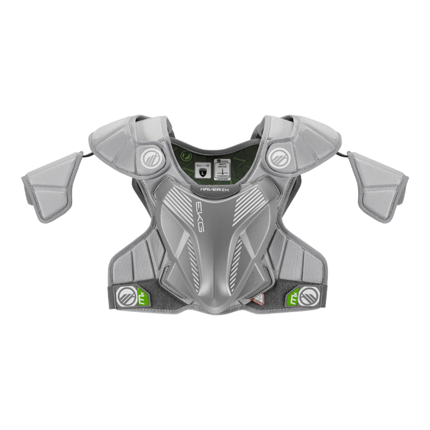 The Maverik MX EKG 2025 Shoulder Pad sports a sleek gray and white design, providing elite protection against commotio cordis, with distinctive branding on the front.