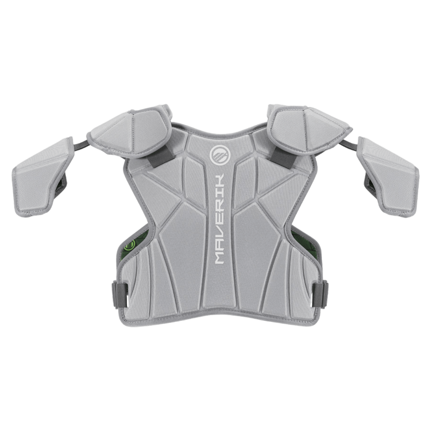The Maverik MX EKG 2025 shoulder pads feature the Maverik brand name displayed vertically on the chest piece. Designed to combat commotio cordis, they include padded shoulder caps and sleek, angular lines for enhanced mobility and protection.