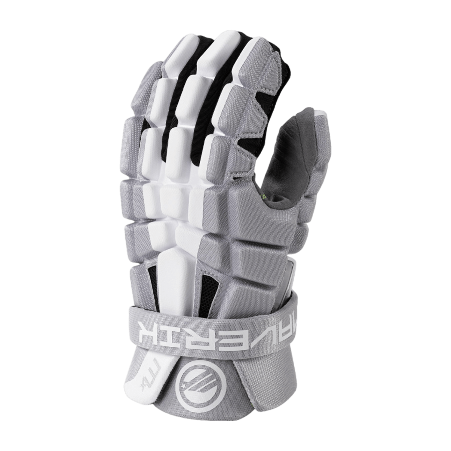 The Maverik MX 2025 Lacrosse Gloves are gray and white padded sports accessories crafted for new players, featuring segmented padding on the back for impact protection and a Velcro strap labeled "MAVERIK" near the wrist. These gloves are ideal for outdoor sports activities requiring robust hand protection.