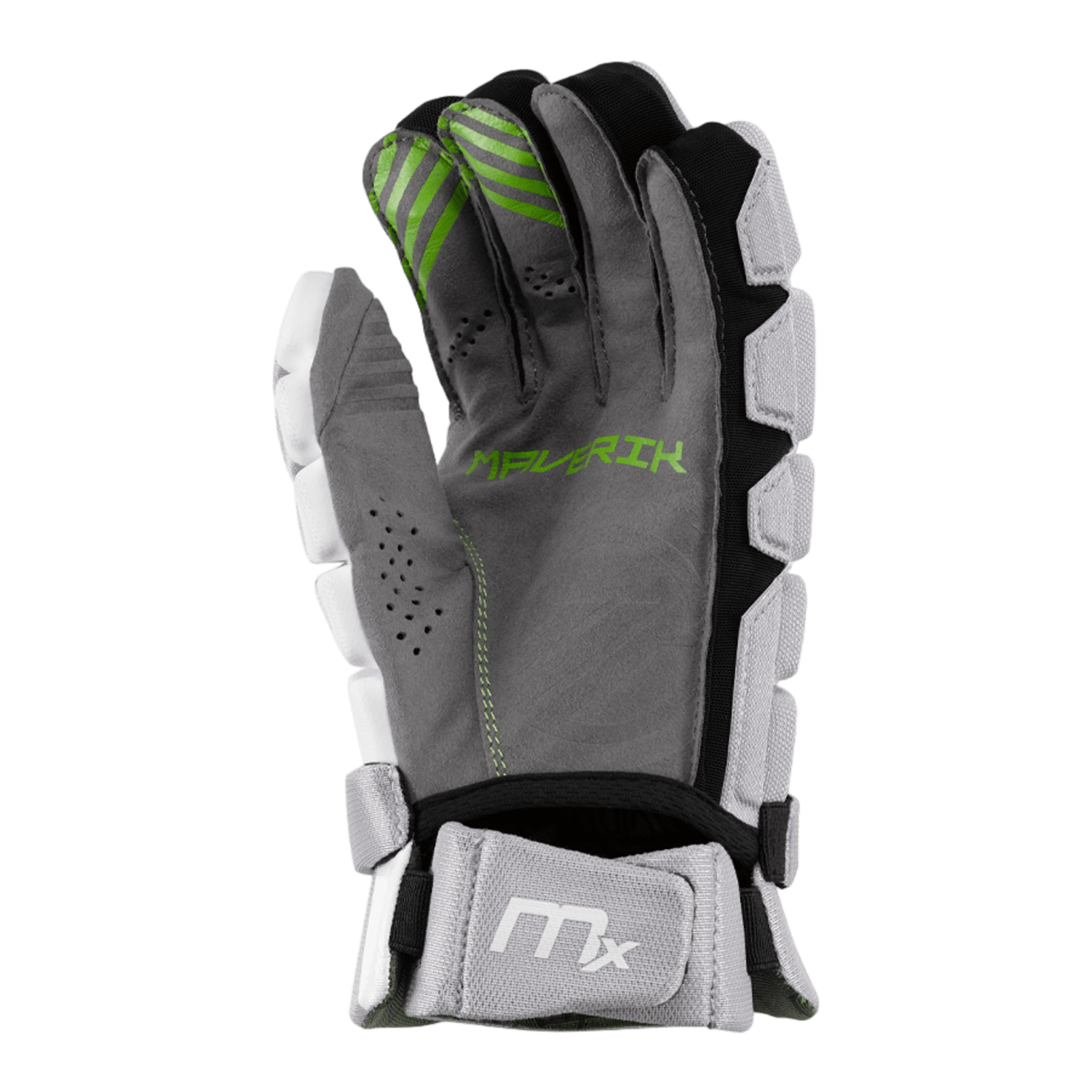 The Maverik MX 2025 Lacrosse Gloves showcase a sleek design in gray and black with green accents, prominently featuring the "Maverik" logo on the back and "Mx" on the wrist strap. Tailored for new players, these gloves provide padded finger impact protection and a ventilated design for enhanced comfort.