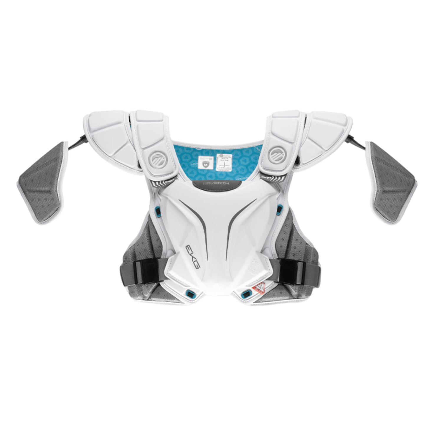 The Maverik Shift EKG Shoulder Pad, designed by Maverik, is a protective sports chest guard in white and gray, equipped with lacrosse shoulder pads. It boasts intricate details and a blue interior lining while meeting the NOCSAE safety standard to ensure both performance and protection on the field.