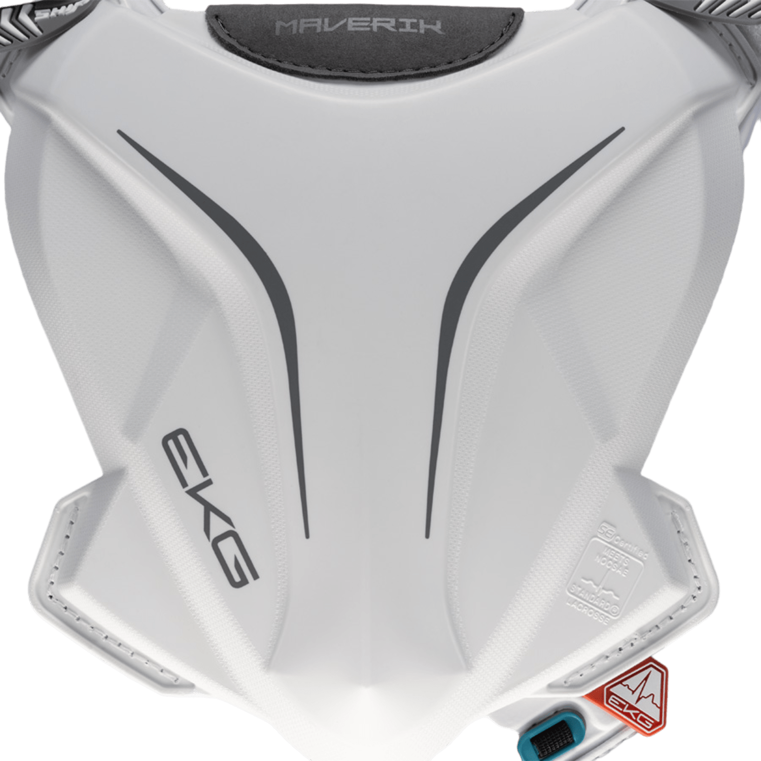 In the foreground, a white athletic chest protector conforms to NOCSAE standards and showcases angular designs. The bold text "EKG" and "MAVERIK" signify it as the Maverik Shift EKG Shoulder Pad by the brand Maverik, against a backdrop of vibrant green that accentuates its design.