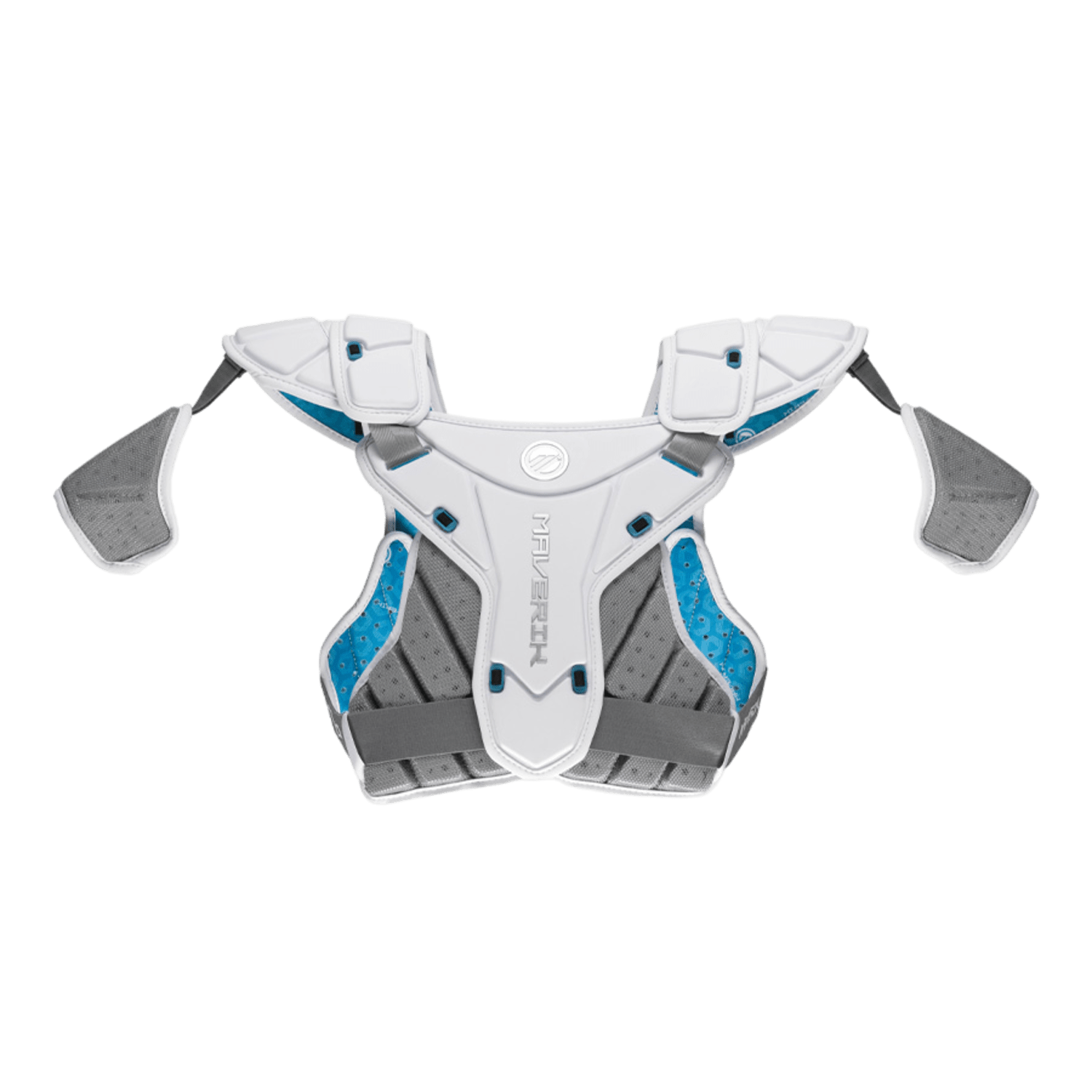 The Maverik Shift EKG Shoulder Pad by Maverik is designed for top-notch sports protection, featuring a white and gray color scheme with blue accents. It meets the NOCSAE standard to ensure safety, offering padded shoulders and chest. Additionally, its adjustable straps provide a secure and customized fit for athletes.