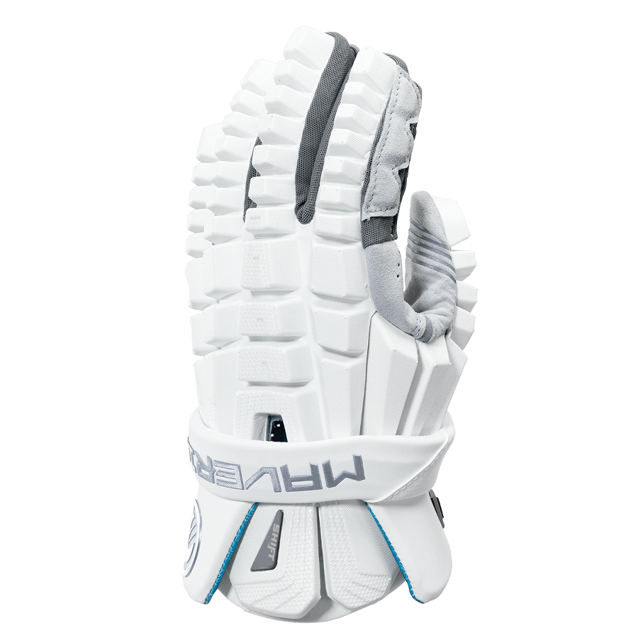 The Maverik Shift Lacrosse Gloves showcase a textured protective design in white, complemented by gray and light blue accents. Equipped with Elite Mobility and Power Flex Technology, these gloves offer flexible finger padding for improved grip and protection. The cuff features "MAVERIK" prominently displayed in bold gray letters.