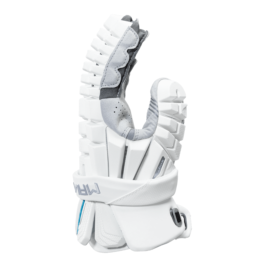 Introducing the Maverik 3003678-L, a right-hand cricket wicketkeeping glove in white. Engineered with Elite Mobility and segmented, reinforced padding, it features a curved design incorporating Power Flex Technology. The glove includes a wrist strap adorned with the Maverik logo for enhanced protection and flexibility.