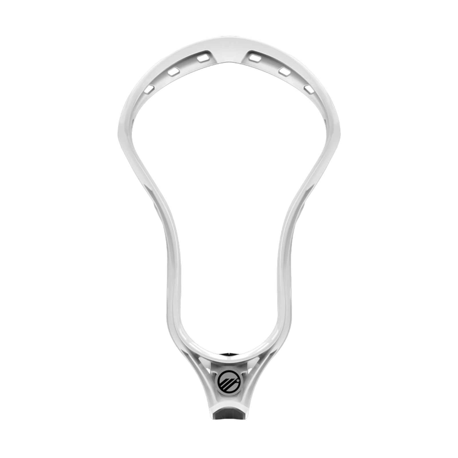 The Maverik Tactik 3.0 Lacrosse Head, in white, incorporates ControlCore Technology and offers numerous stringing holes along the top and sides, ideal for custom stringing. It features a sleek Maverik logo near the base on a transparent background.