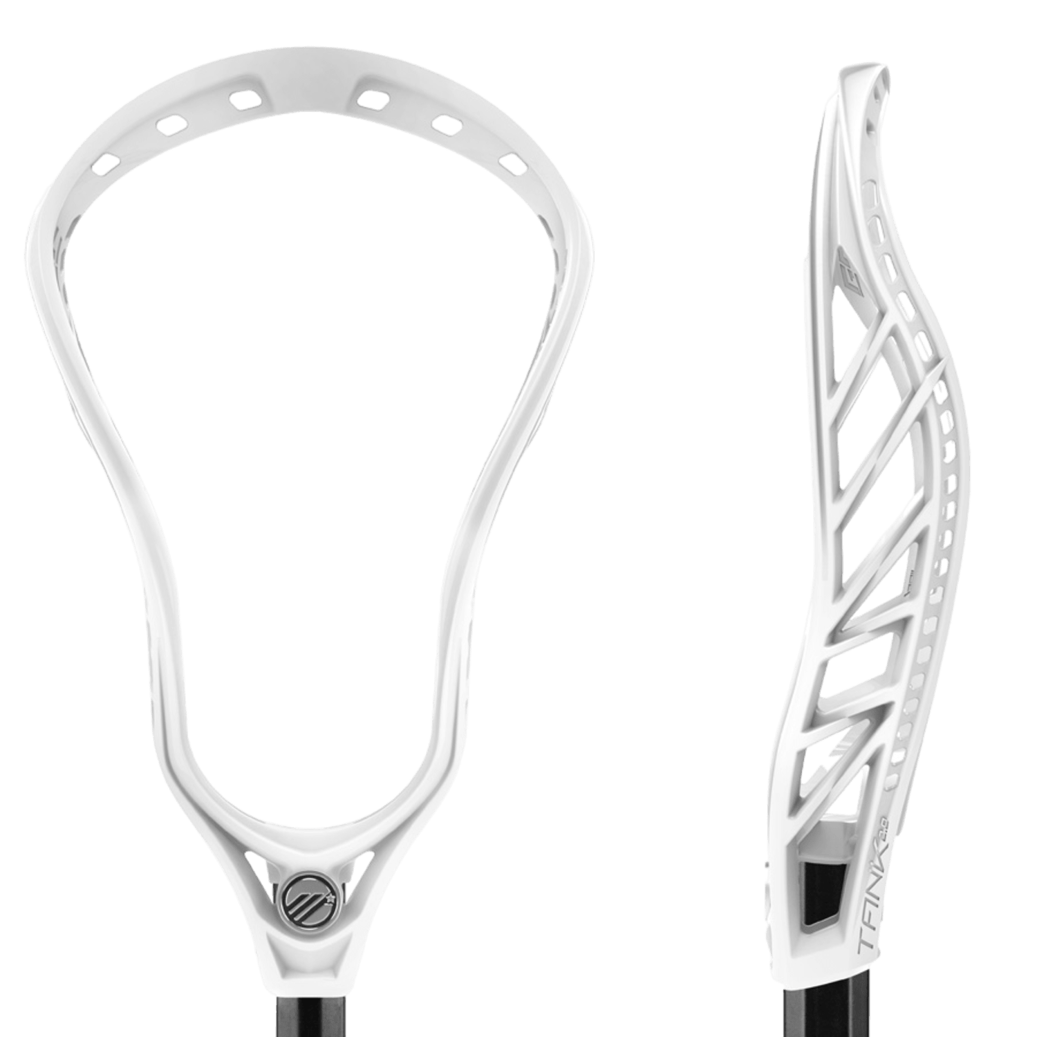 The Maverik Tank 2 Lacrosse Head is shown in a white color, with two angles: a front view on the left and a side view on the right. It boasts a sleek, modern design with multiple string holes, an open sidewall structure, and incorporates Ground Control Technology for enhanced performance.