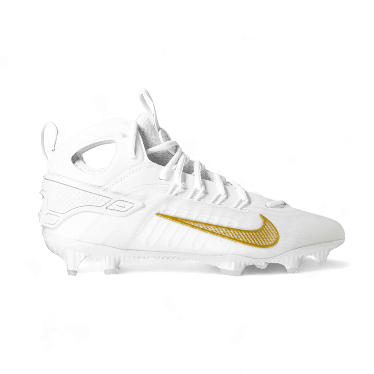 The Nike Alpha Huarache 9 Elite Mid Cleats showcase a sleek white design with gold accents, making them ideal for any lacrosse player. These cleats provide multidirectional traction with a textured surface and feature a high ankle collar equipped with lace holes, prominently displaying the logo against a black background.