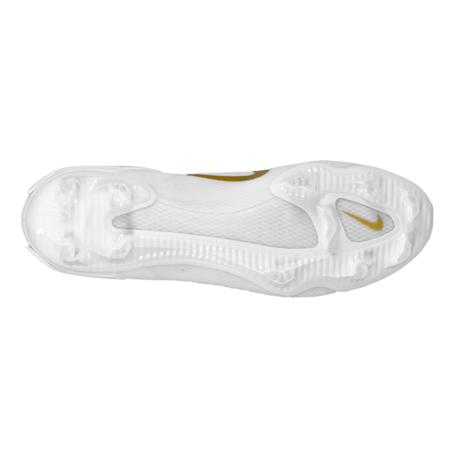 The image showcases the underside of a white Nike Alpha Huarache 9 Elite Low Cleat, featuring molded white lacrosse cleats and a small gold logo near the heel. The sole is adorned with a textured pattern, designed for superior performance and style.