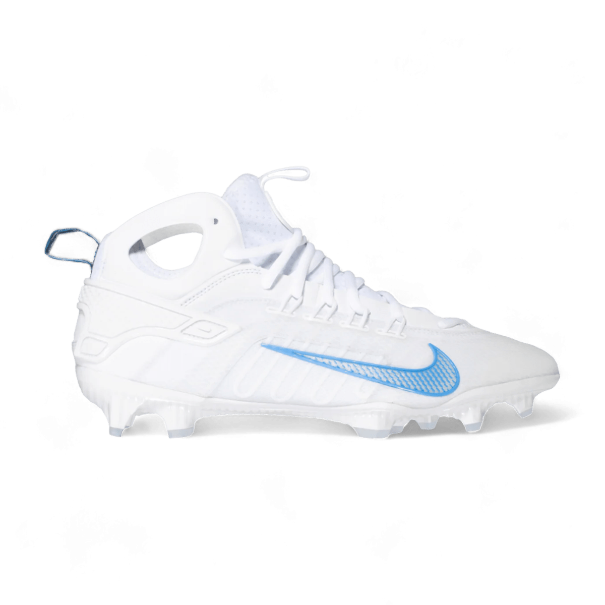 The Nike Alpha Huarache 9 Elite Mid Cleats - TB are white, high-top lacrosse cleats featuring a blue swoosh and accents. Designed specifically for lacrosse players, these cleats boast a textured design, include a pull tab at the heel, and come equipped with molded studs on the sole to ensure multidirectional traction.