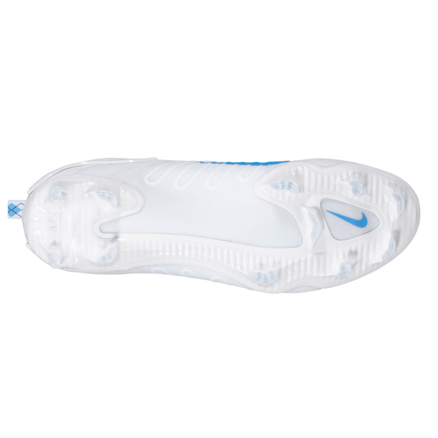 The image highlights the underside of a white athletic shoe, specifically the Nike Alpha Huarache 9 Elite Mid Cleats - TB, featuring a transparent sole. Visible studs provide multidirectional traction, enhanced by a light blue Nike logo on the heel and blue accents along the shoe, making it ideal for any lacrosse player.