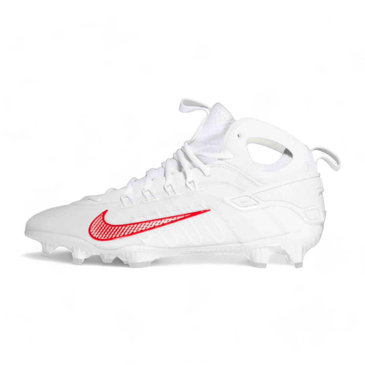 The Nike Alpha Huarache 9 Elite Mid Cleats - TB showcase a stylish white athletic design accented with a bold red swoosh. Ideal for lacrosse players, these cleats deliver a mid-top fit and feature multiple studs on the sole, offering optimal multidirectional traction for quick maneuvers on the field.