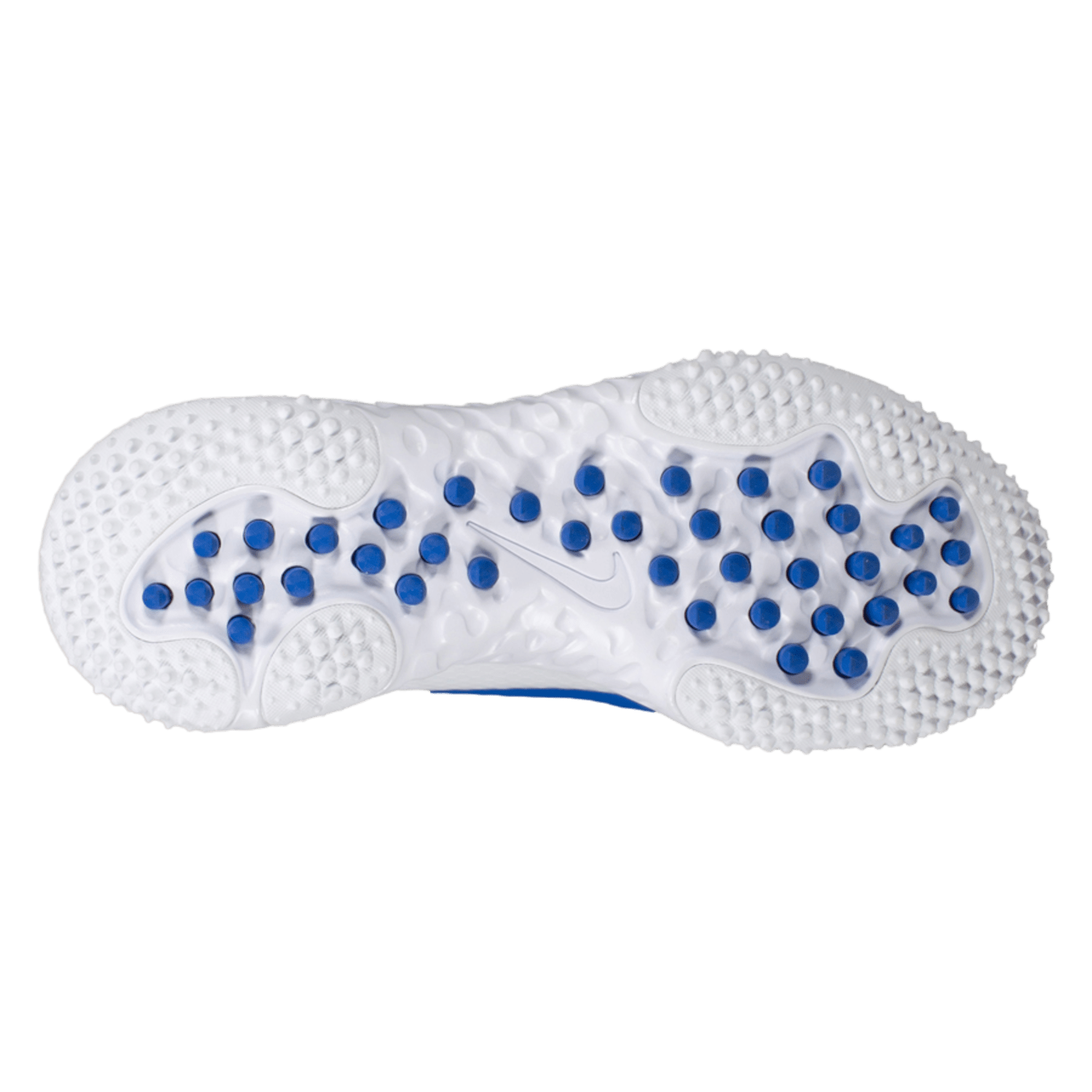 The bottom view of the white Nike FV6141 shoe sole features blue circular traction dots designed for grip and stability, along with multidirectional traction patterns to enhance performance.