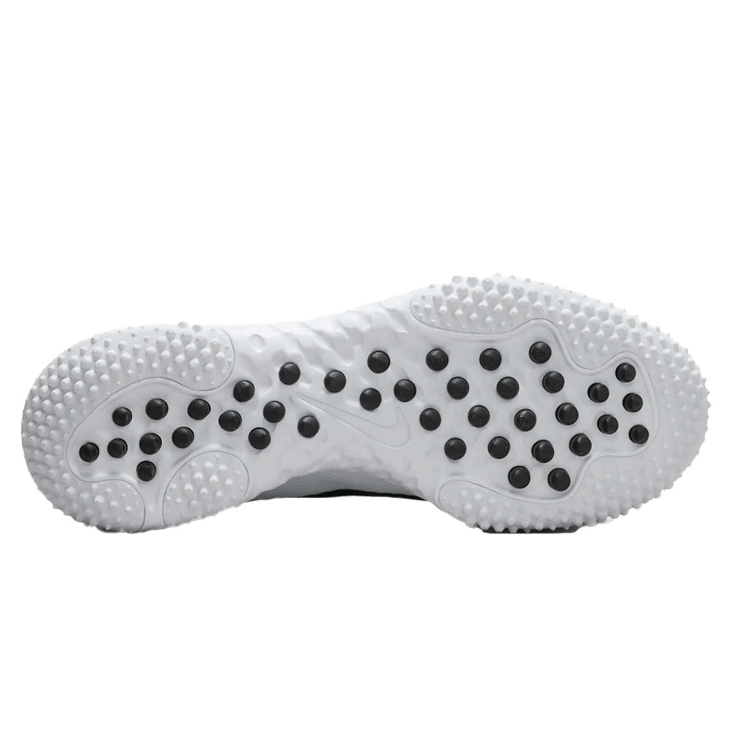 The image showcases the sole of a Nike FN0310, characterized by a white base adorned with multiple black circular studs arranged strategically to provide excellent grip and traction. Enhanced with advanced performance technology, the textured patterns boost its functionality, making it perfect for sports like lacrosse.