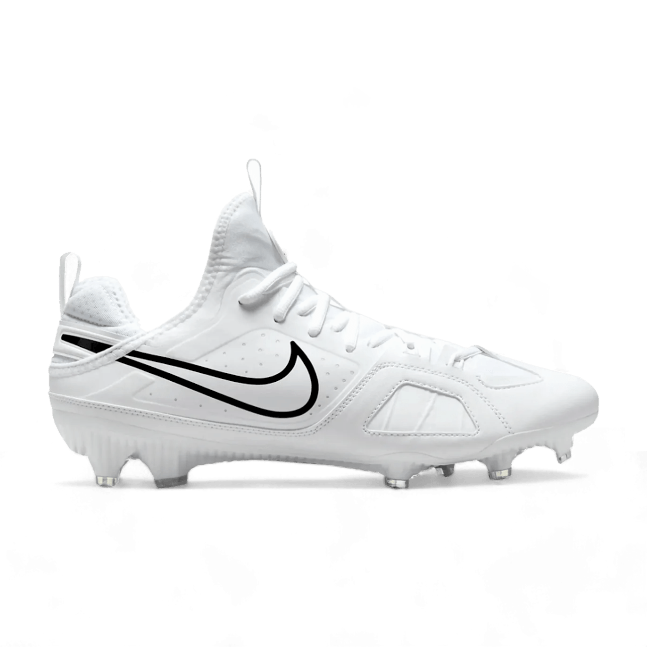 The Nike Alpha Huarache 9 Varsity Cleats feature a sleek white design with a bold black swoosh, offering high-ankle support and laces. These performance lacrosse cleats are engineered for multidirectional traction, featuring a textured sole on a striking black background for superior grip.