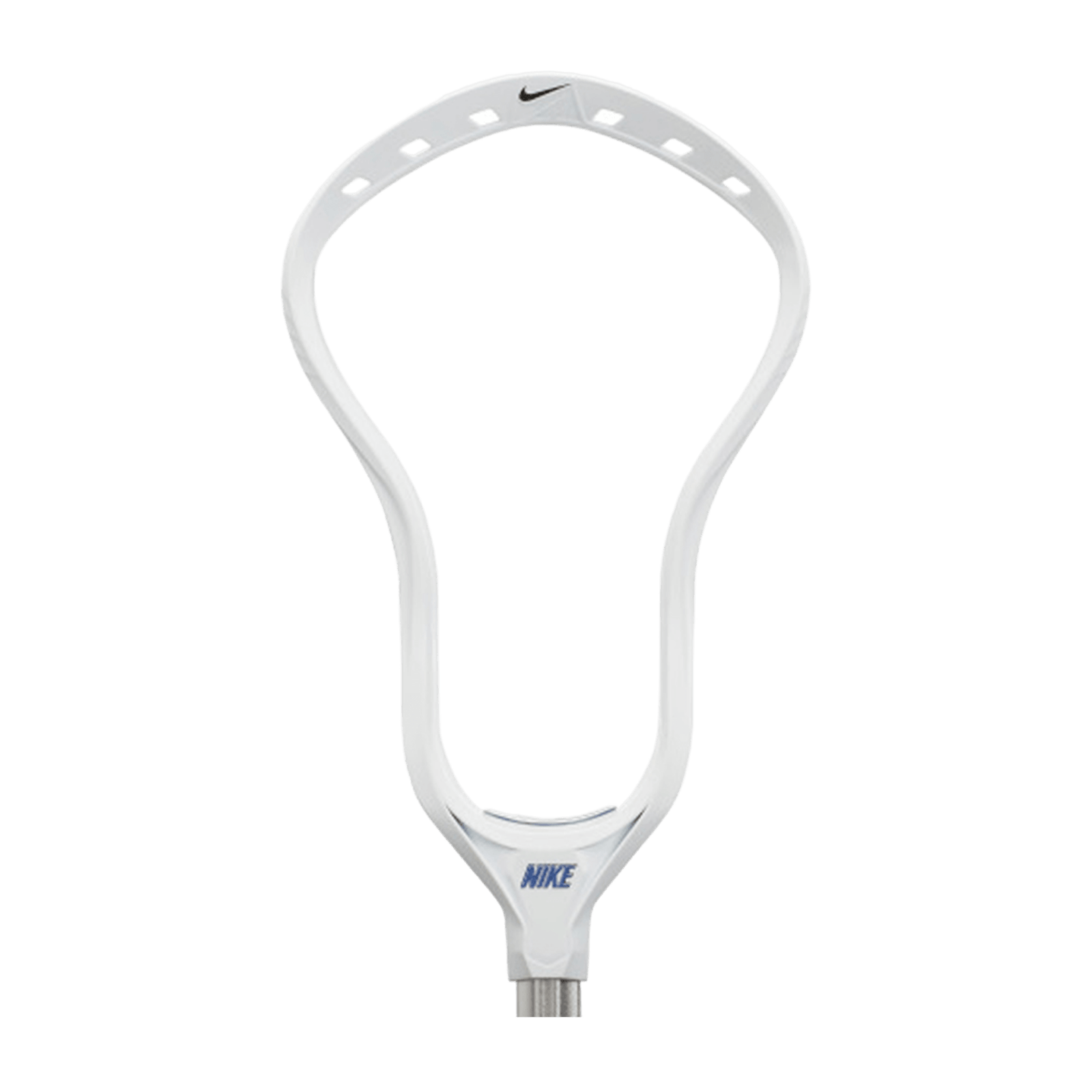 The Nike Lakota 3 Lacrosse Head, in white, prominently showcases a discreet Nike logo on top and offers numerous string holes for optimal custom stringing. Its sleek design is further enhanced by a silver neck insert that seamlessly connects to any handle, making it an excellent option for players who desire both style and performance.