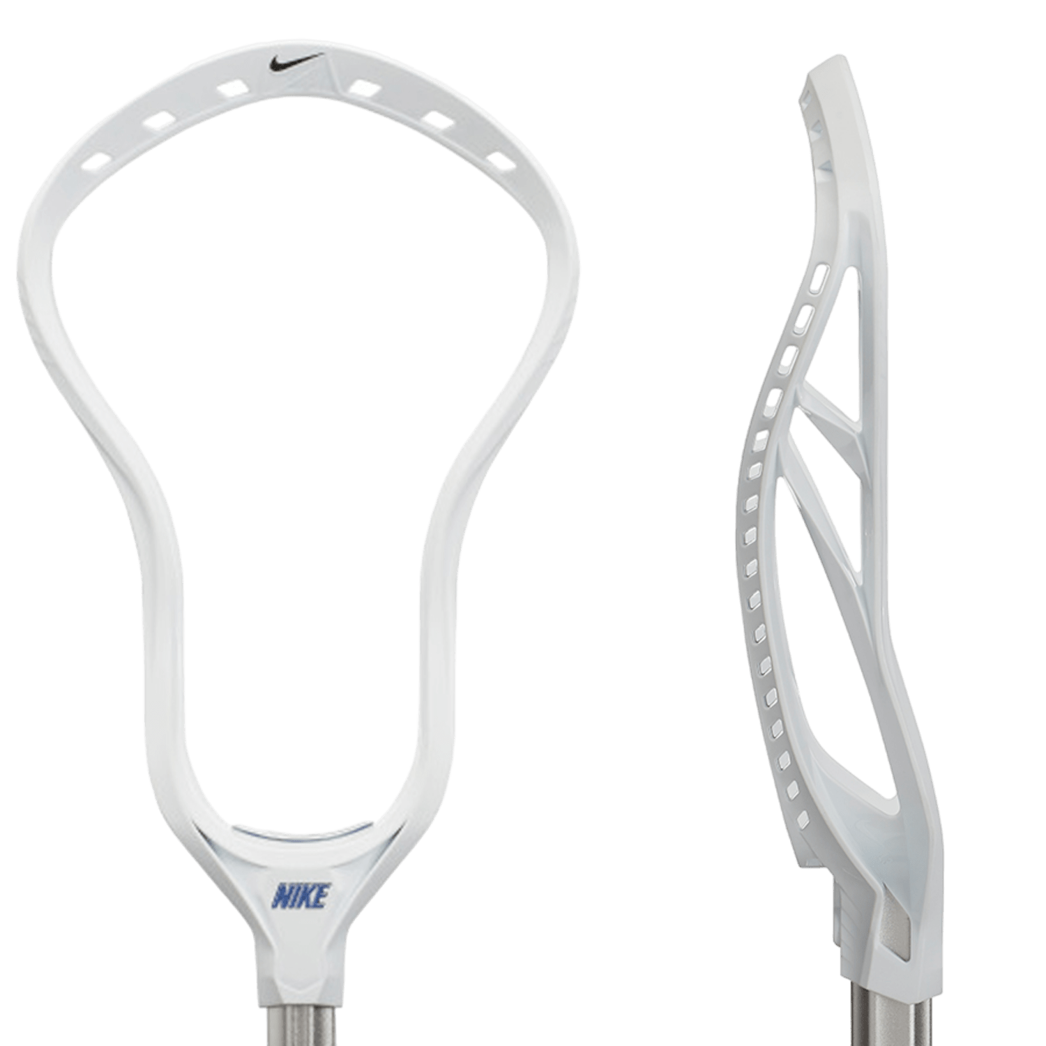 Front and side views of a white Nike Lakota 3 lacrosse head prominently showcase the brand logo. This head is equipped with multiple stringing holes, ideal for custom stringing, and features a sleek, aerodynamic design that enhances performance functionality.