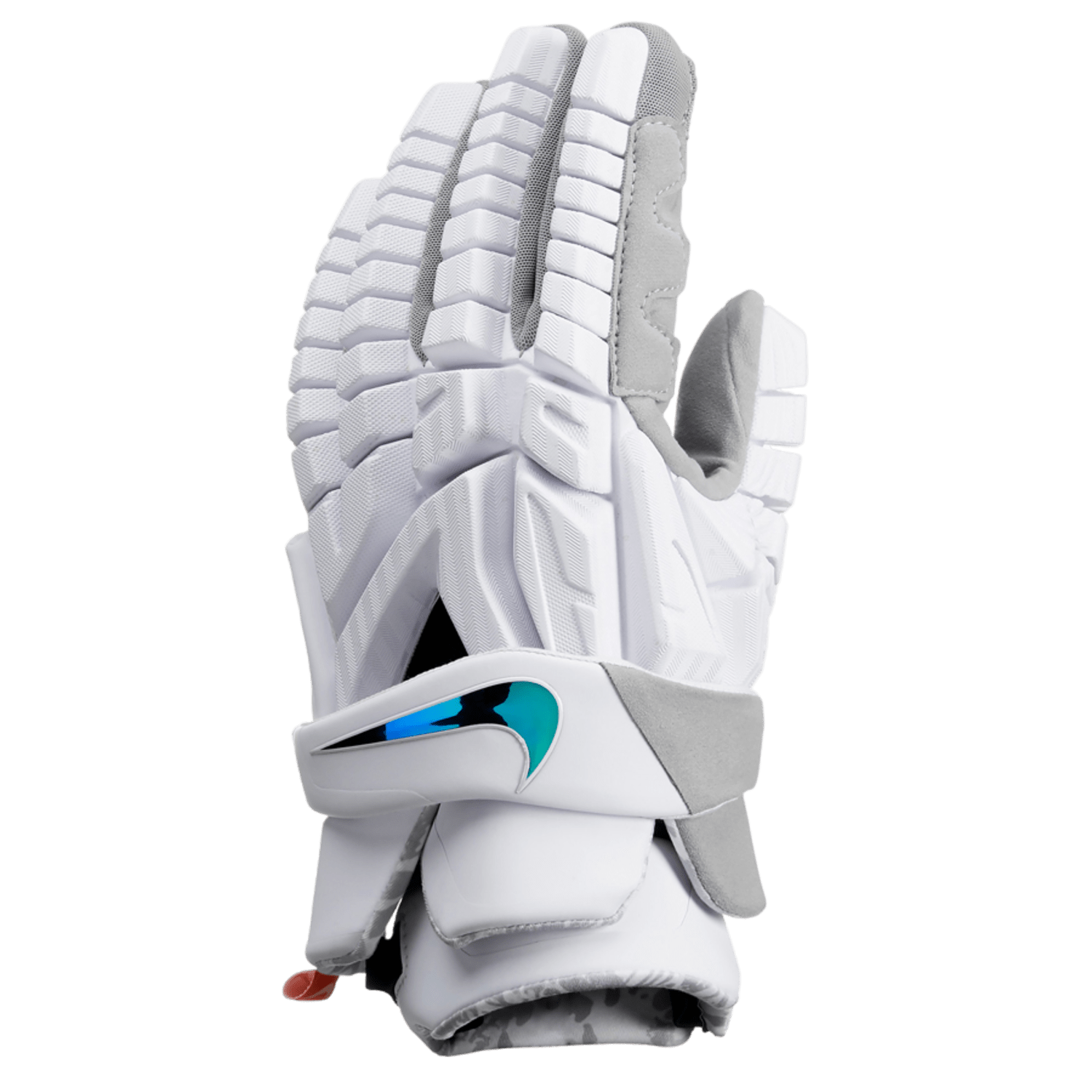 The Nike Vapor Premier Lacrosse Gloves in white and gray showcase the brand's blue and black logo, offering a lightweight design with protective padding on the fingers and back for optimal impact absorption. Their sleek build is highlighted against a transparent background.