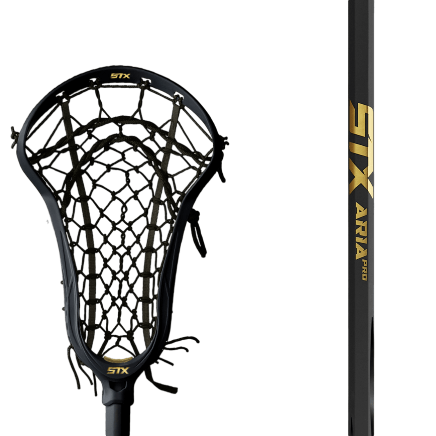 A lacrosse stick with a wide netted head features the innovative Speed Scoop and is adorned with golden "STX" branding. The shaft of the STX Aria Pro Lock Pocket Complete Stick is labeled "Aria Pro" in gold, standing upright to showcase both the head and part of the shaft.