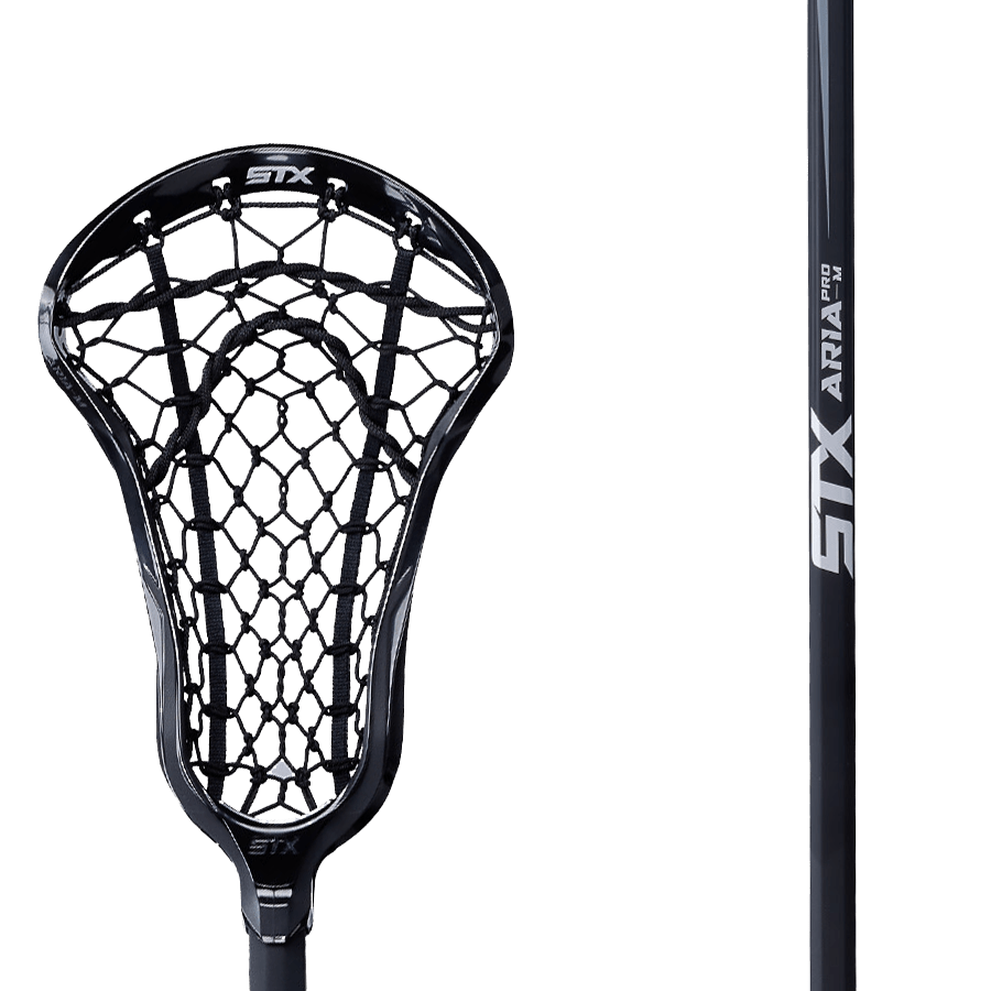 Close-up of a black STX Aria Pro-M Lock Pocket Complete Stick, expertly designed for midfielders, featuring a netted head for precision handling. The shaft displays the brand name "STX" and model "ARIA" in white lettering. The intricately woven net is perfect for catching and throwing a lacrosse ball.