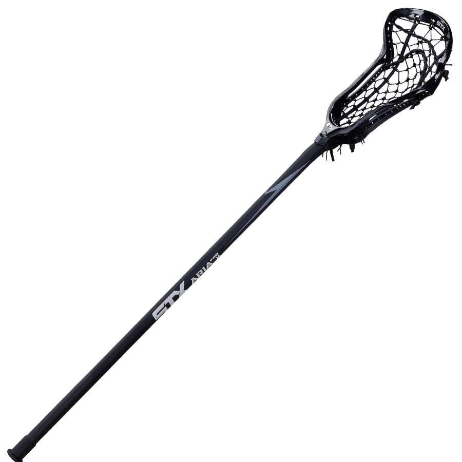 The STX Aria Pro-M Lock Pocket Complete Stick, featuring a netted head and angled diagonally against a white background, highlights its sleek design and precision handling ideal for midfielders. The STX branding on the shaft completes the streamlined appearance.