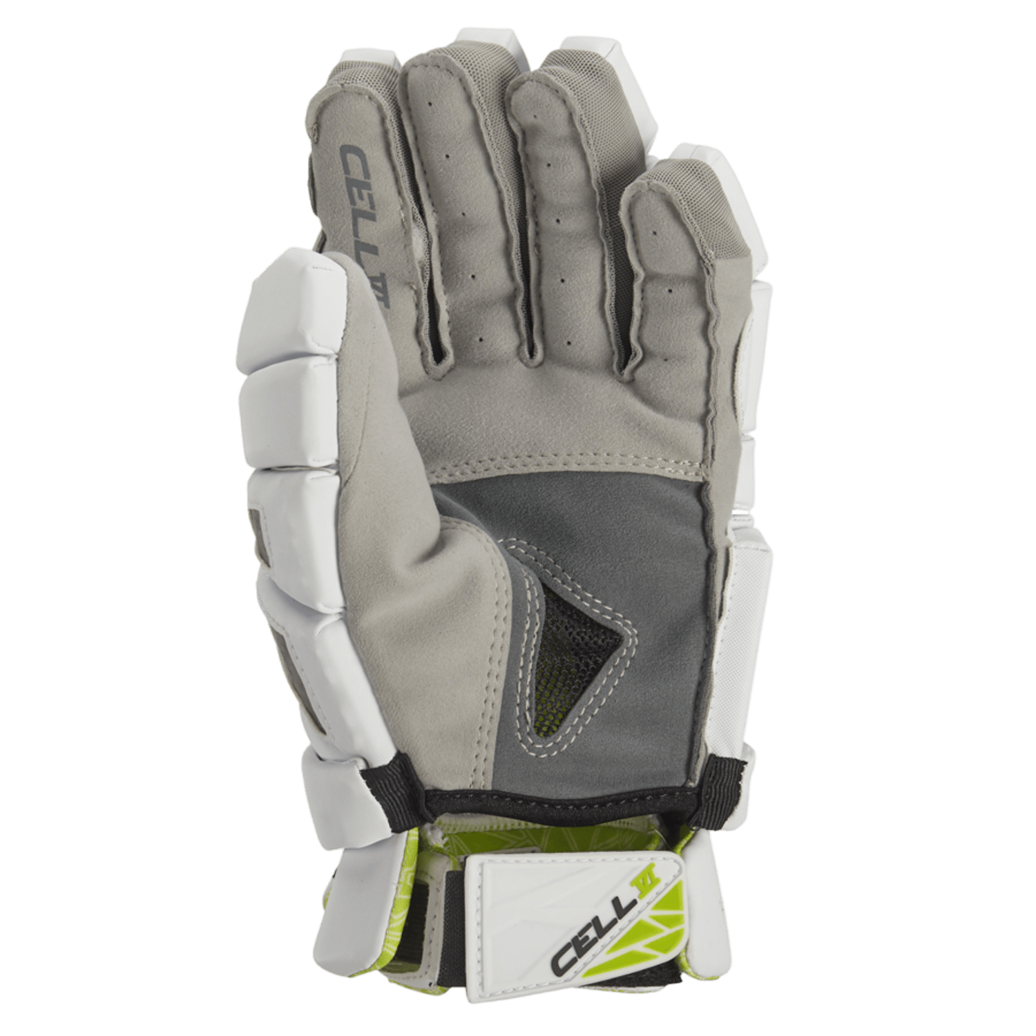 The STX GE CL6F 03 WE/XX men's lacrosse glove showcases a stylish gray and white design, complete with protective padding, a black palm grip, and an adjustable wrist strap. The word "Cell" is prominently featured on the strap, while its dual ventilation system guarantees optimal breathability for right-handed use.