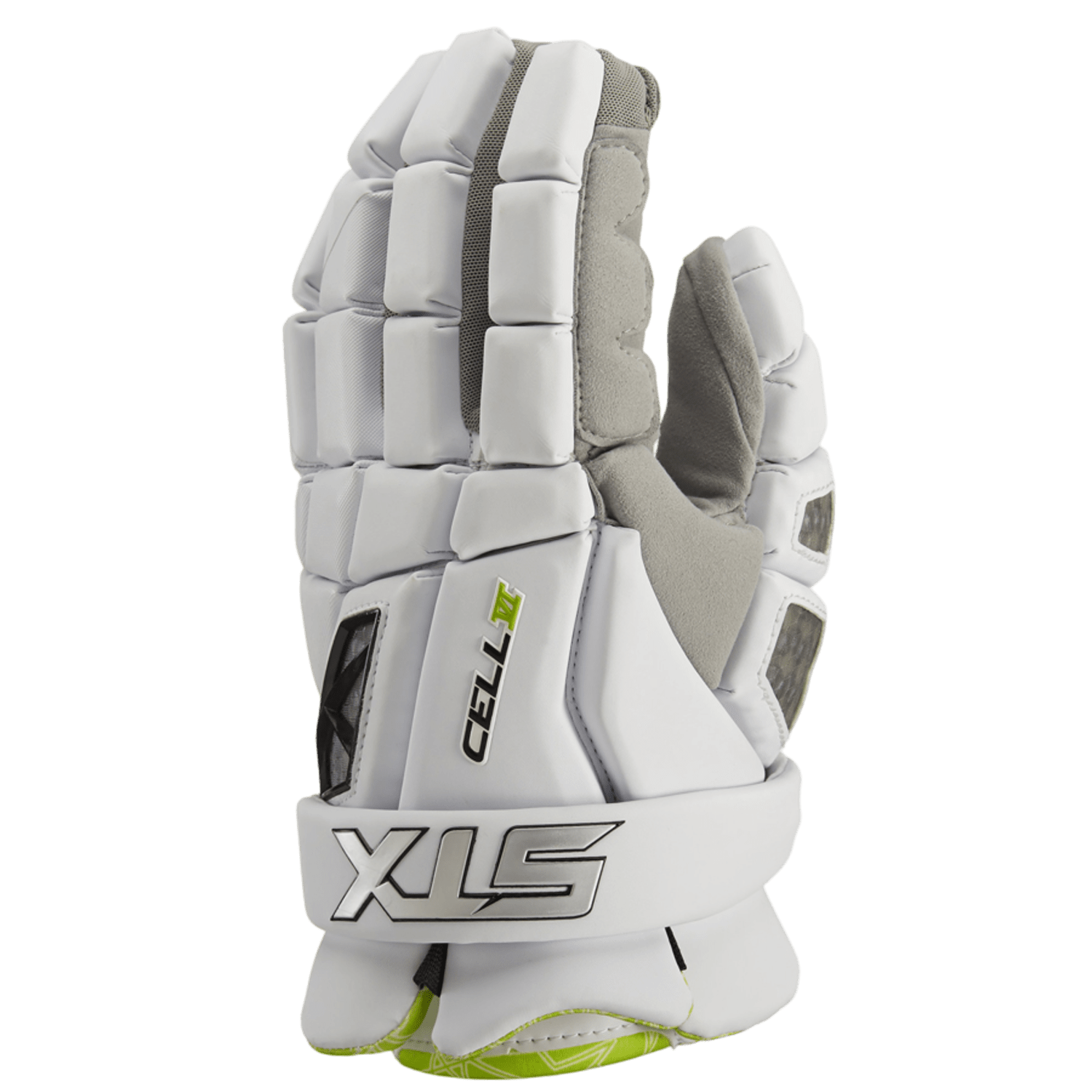 The STX Cell VI Lacrosse Gloves, designed by STX, showcase a padded white structure with grey accents and the "STX" logo prominently displayed on the cuff. Engineered for optimal protection, these gloves feature segmented padding for enhanced flexibility and an advanced ventilation system. Set against a plain green background, they are crafted to deliver peak performance.