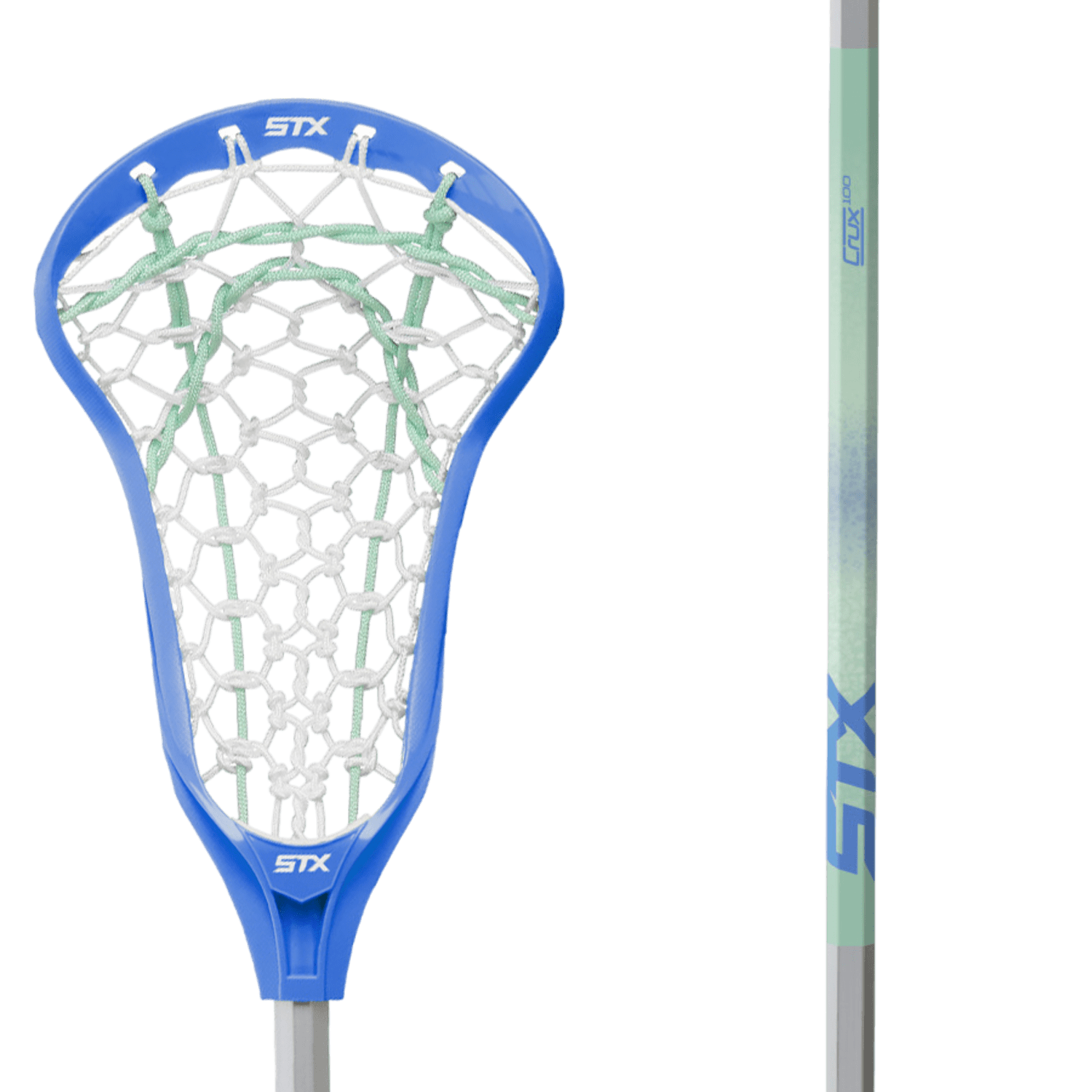 The STX Crux 100 Lock Pocket Complete Stick, ideal for beginners, showcases a netted head with the innovative Crux 100 Lock Pocket and a light-colored handle. This blue and white lacrosse stick, designed specifically for girls, is presented in a close-up view against a transparent background and combines both style and performance.